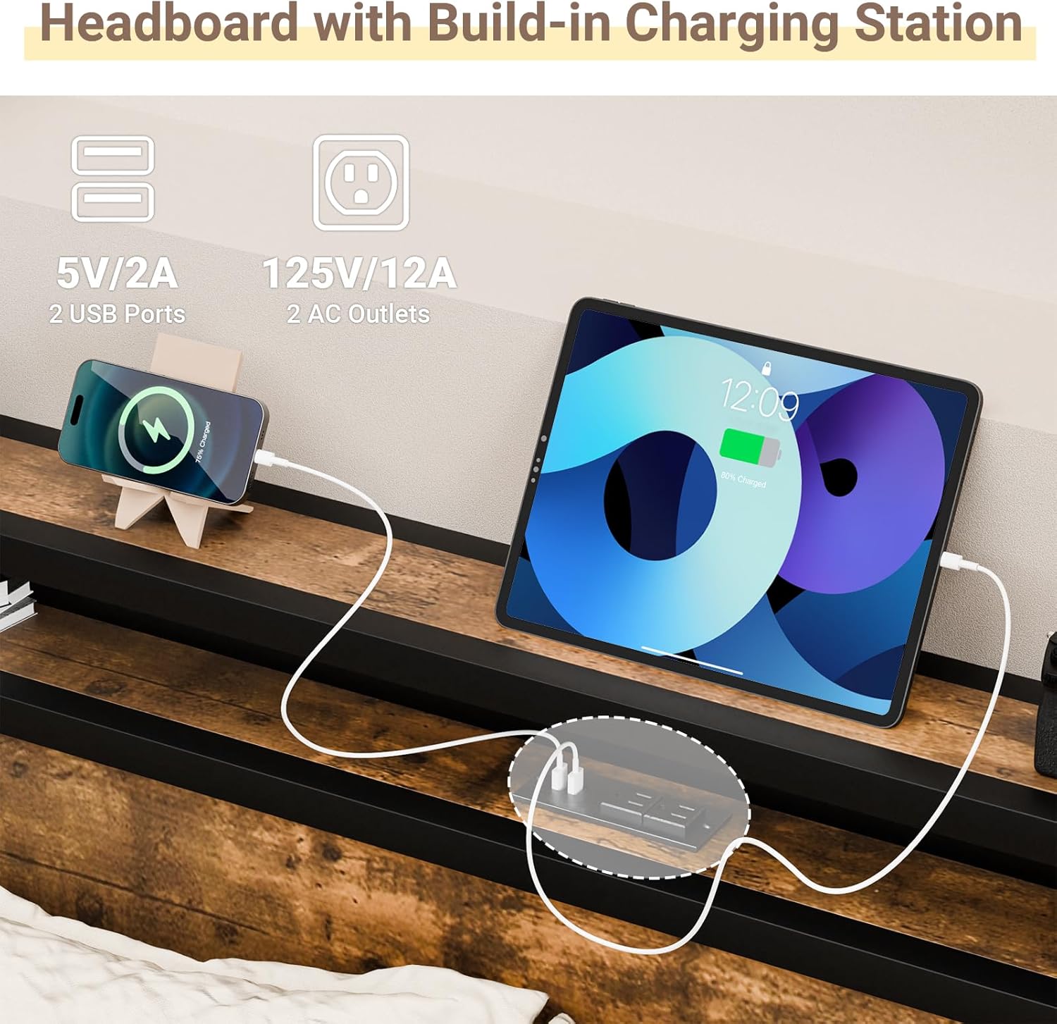 Zevemomo Base de cama Queen con estación de carga, base de cama de plataforma tamaño Queen con cabecera de estante de almacenamiento, marco de cama