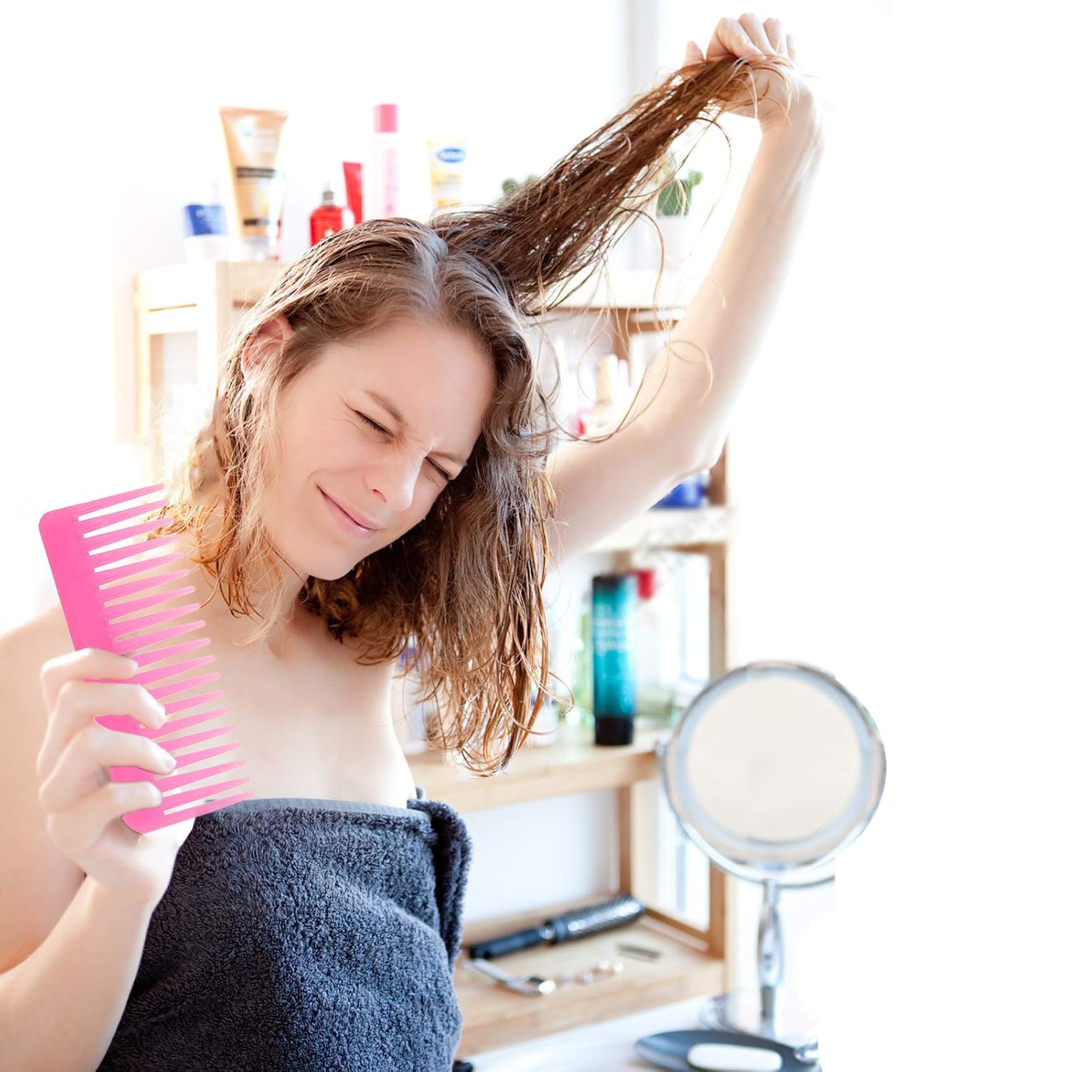 Peine de dientes anchos para cabello rizado, cabello seco y húmedo, sin mango, peine desenredante para peinar con champú (coral claro, 2 piezas)