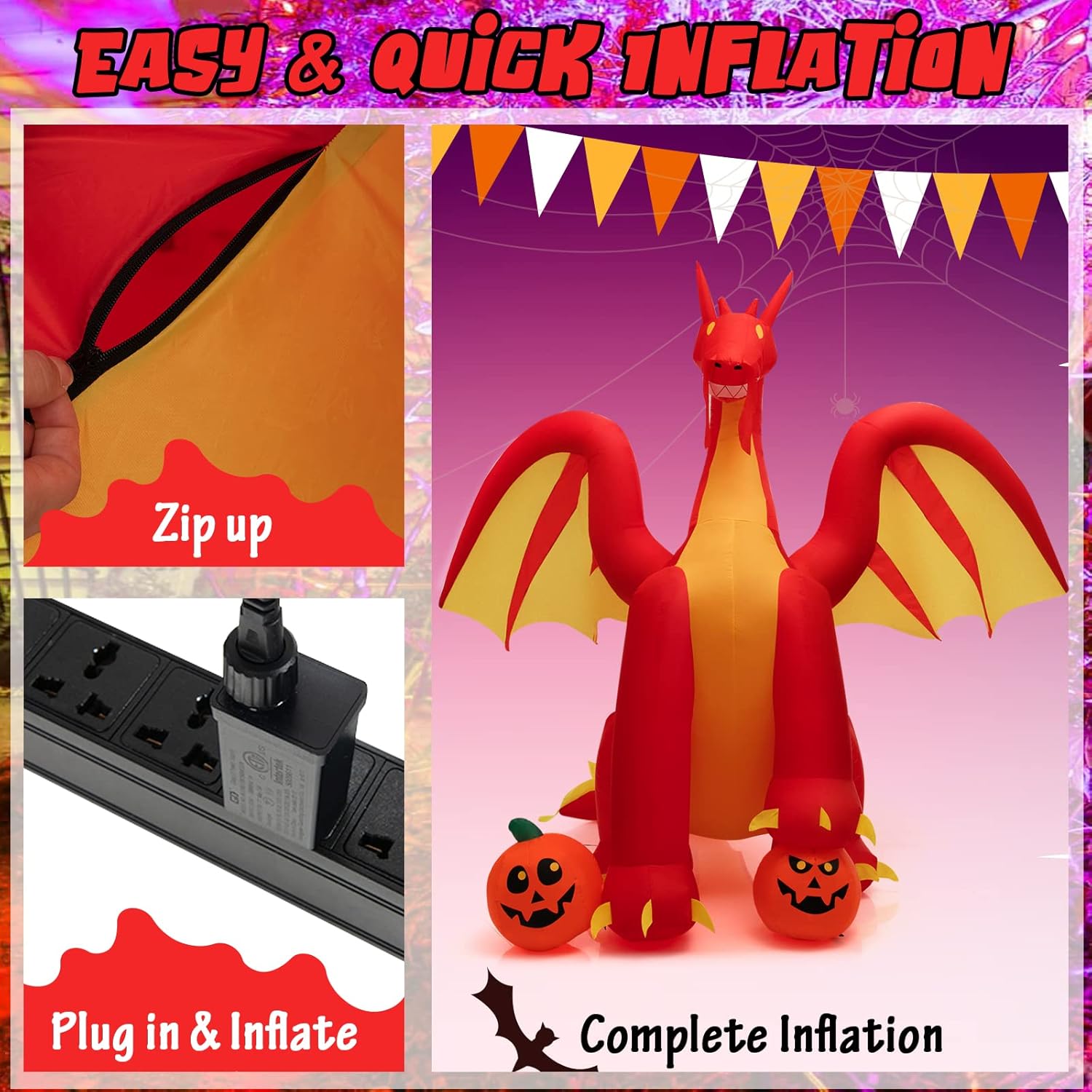 COSTWAY Dragón de fuego animado gigante inflable de 10 pies para decoración de Halloween al aire libre con luces
