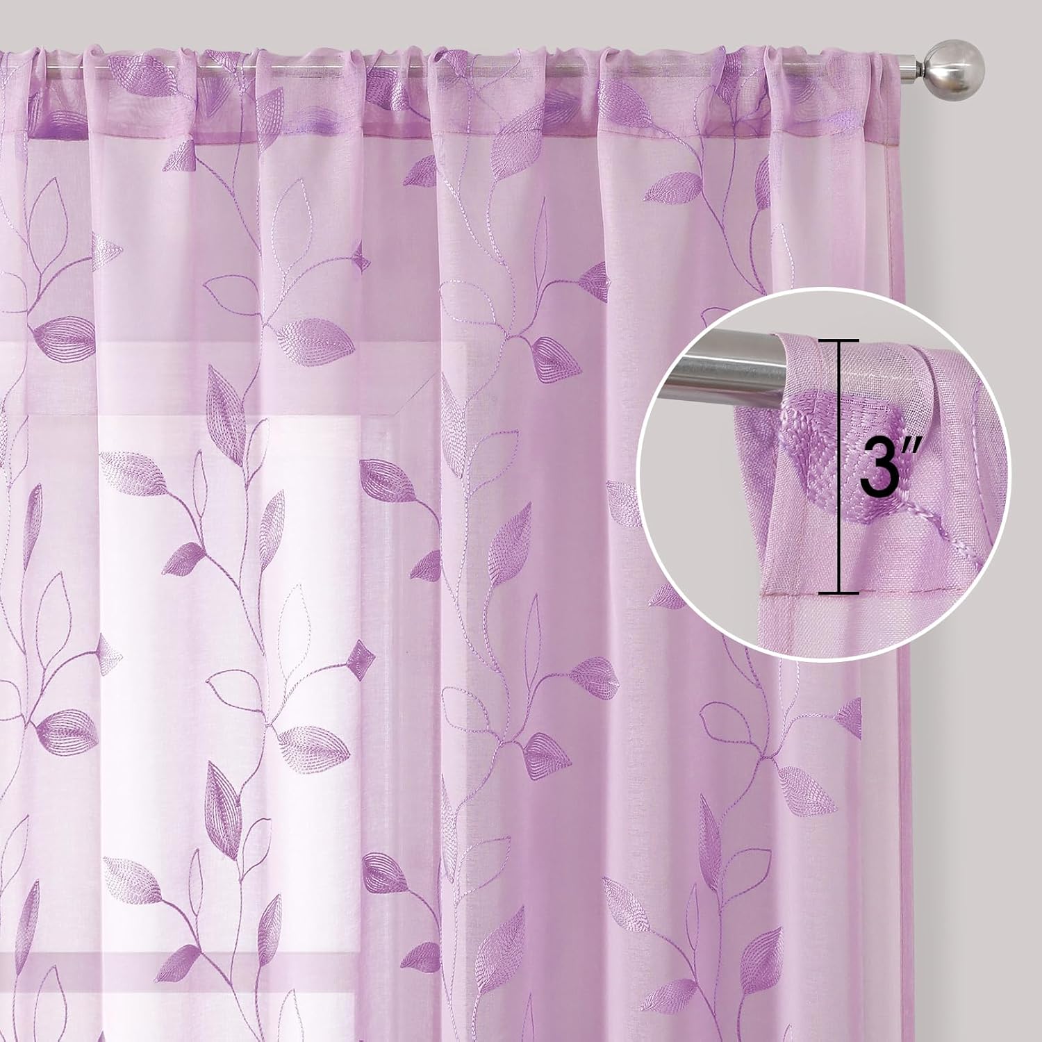 HOMEIDEAS Cortinas traslúcidas moradas de 52 x 96 pulgadas de largo, 2 paneles de cortinas bordadas moradas con patrón de hojas con bolsillo de lino