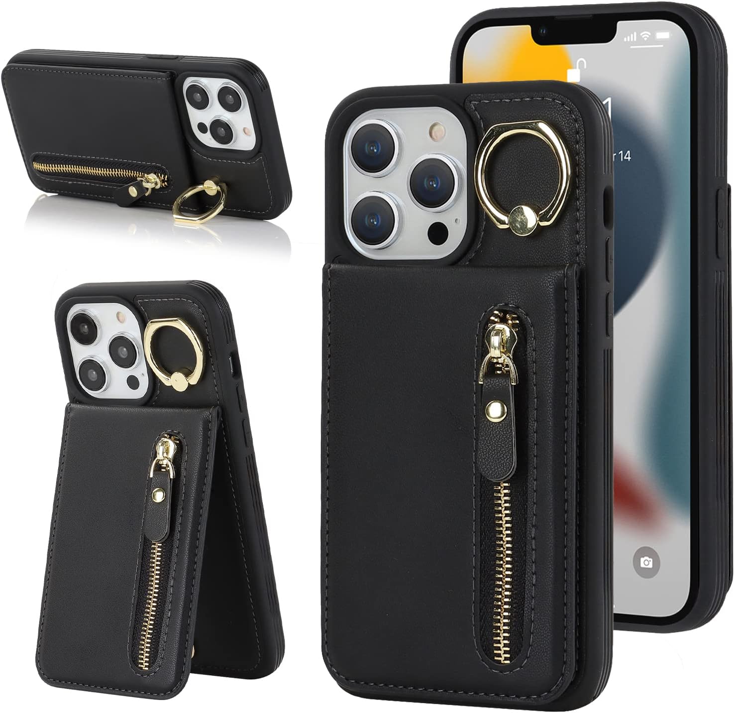 Funda para iPhone 13 Pro Max con tarjetero para mujer, iPhone 13 Pro Max, funda para teléfono con tarjeta de crédito con anillo, cierre de soporte,