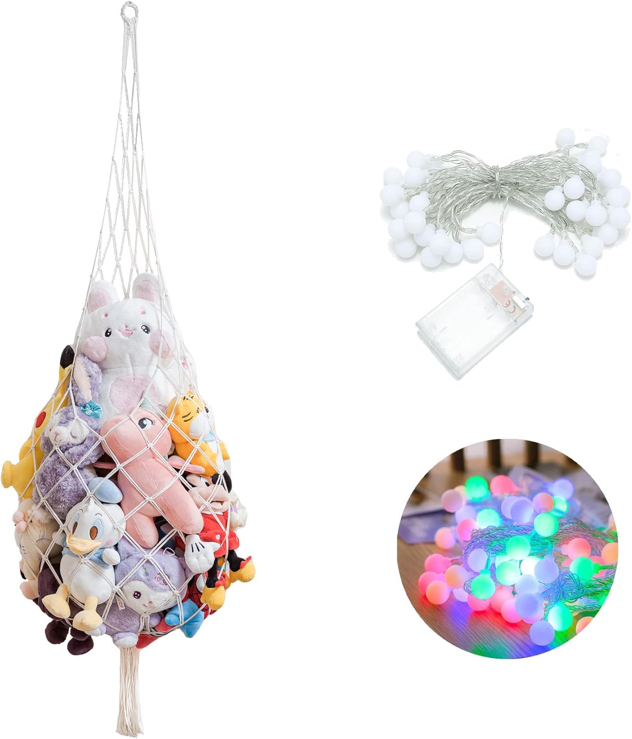 Hamaca de animales de peluche, red de animales de peluche o hamaca con hamaca LED para almacenamiento de animales de peluche, red de macramé,