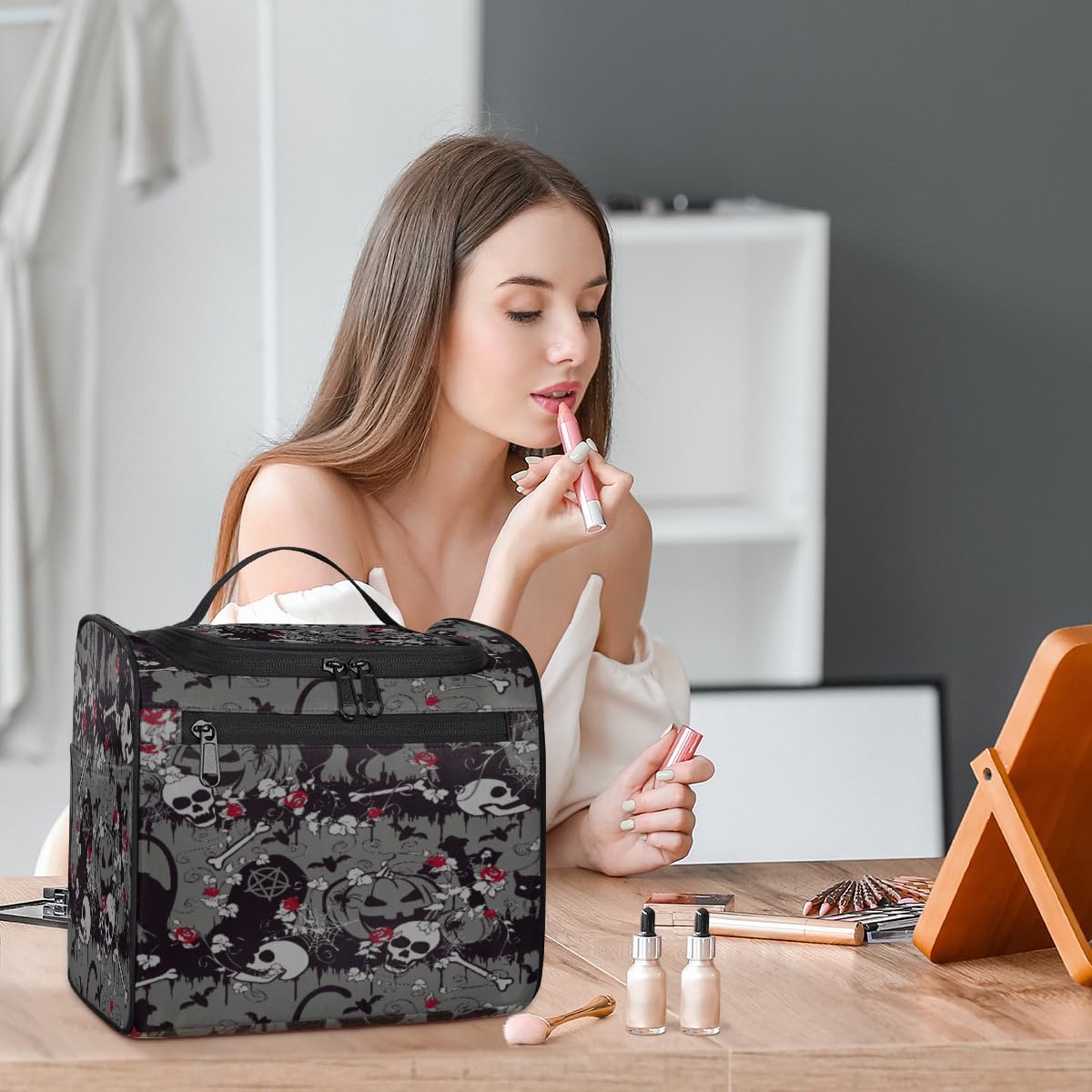 Neceser colgante para mujer, gótico de Halloween, bolsa de maquillaje de gran capacidad con gancho para colgar, bolsa de cosméticos portátil de