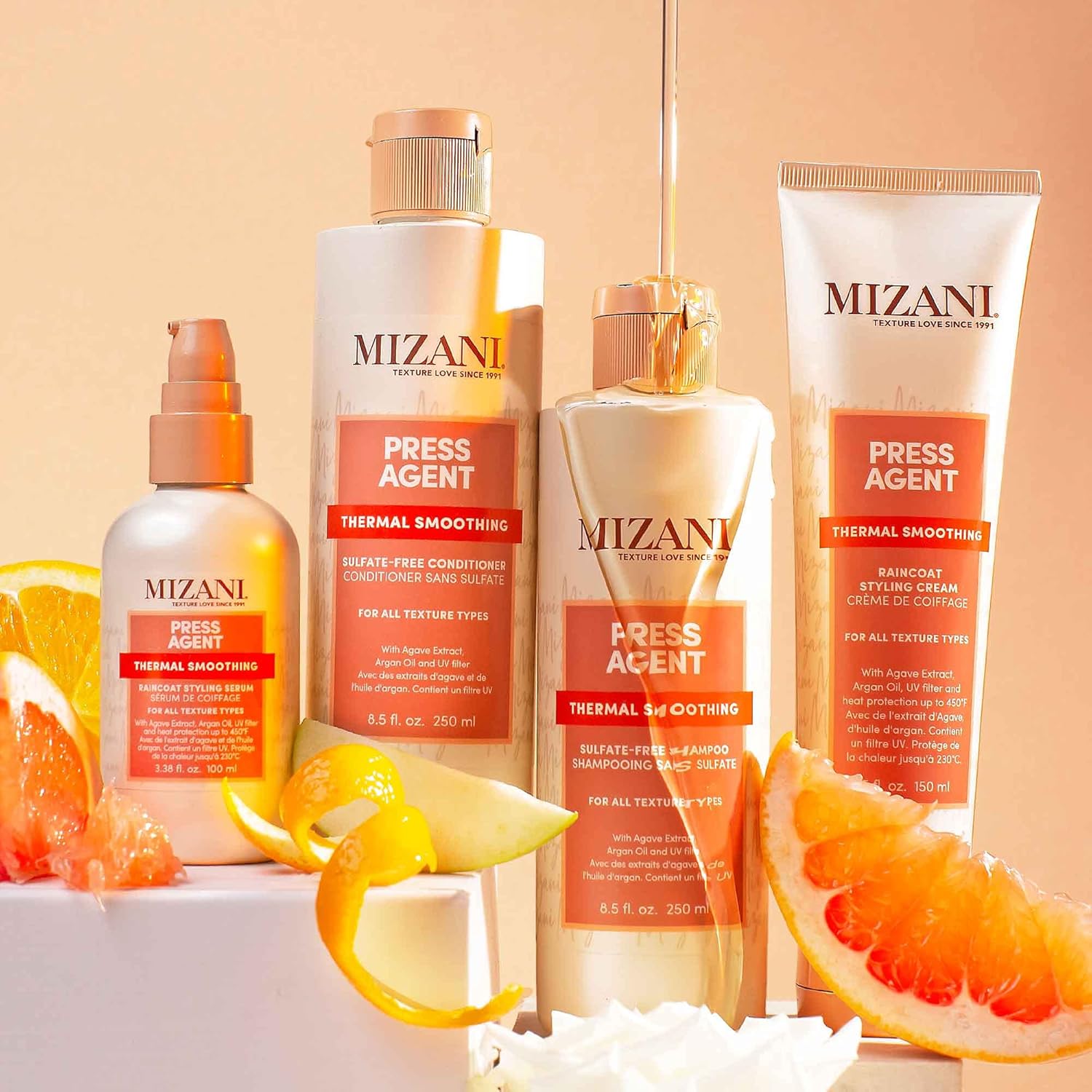 Mizani Press Agent – Acondicionador sin sulfatos  Desenreda el cabello para peinar con calor, soplar y prensa de seda  Sella el cabello de la