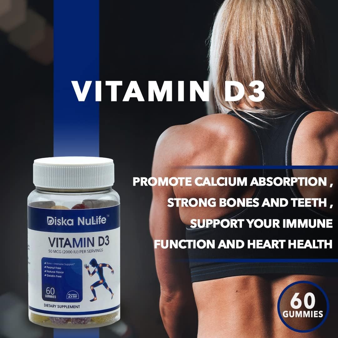 Diska Nulife Gomitas de vitamina D3 (2000UI) de 60 unidades de máxima fuerza, salud ósea, articular, muscular, apoyo inmunológico para hombres y