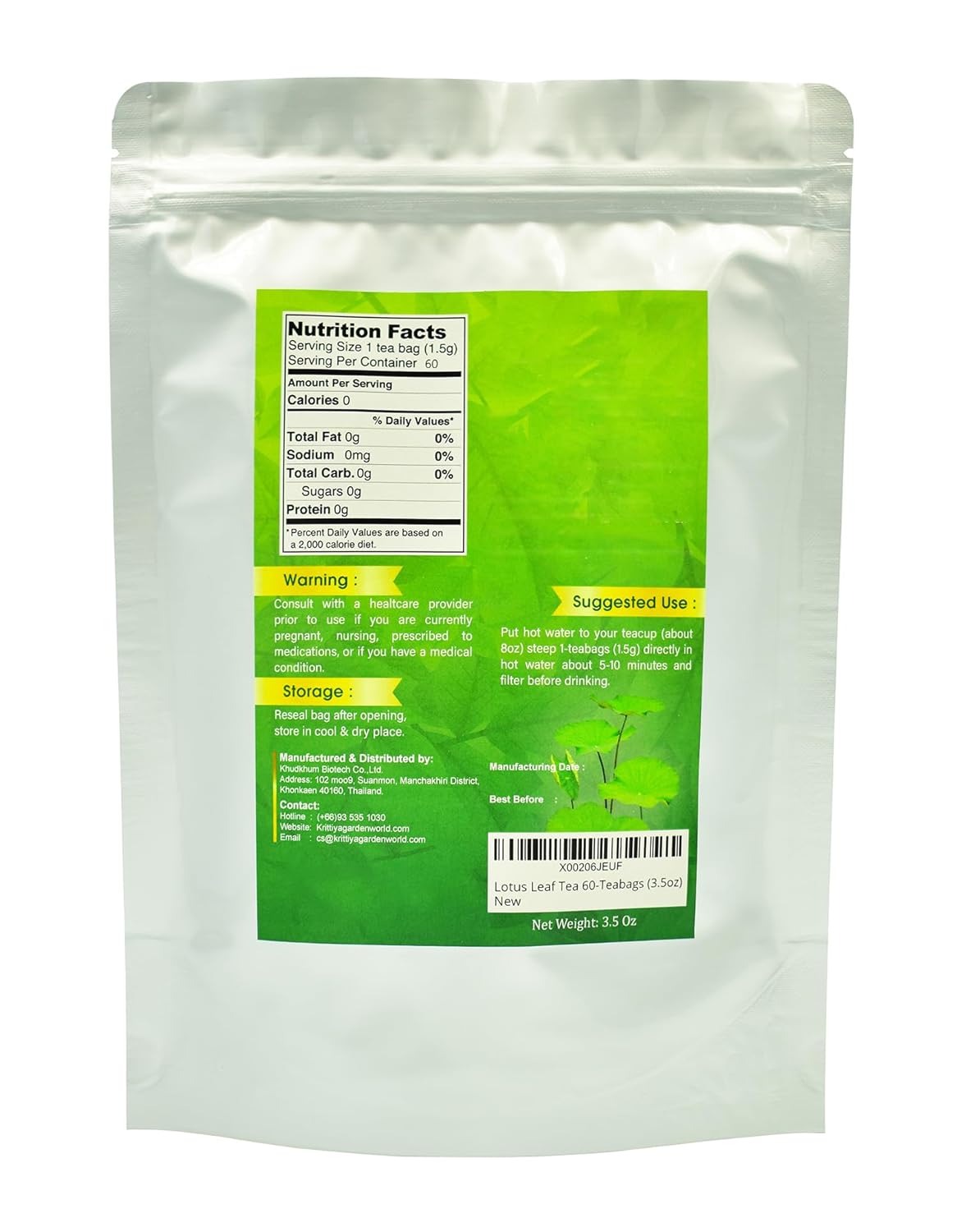 Té de hoja de loto 60-bolsitas de té (3.5oz)