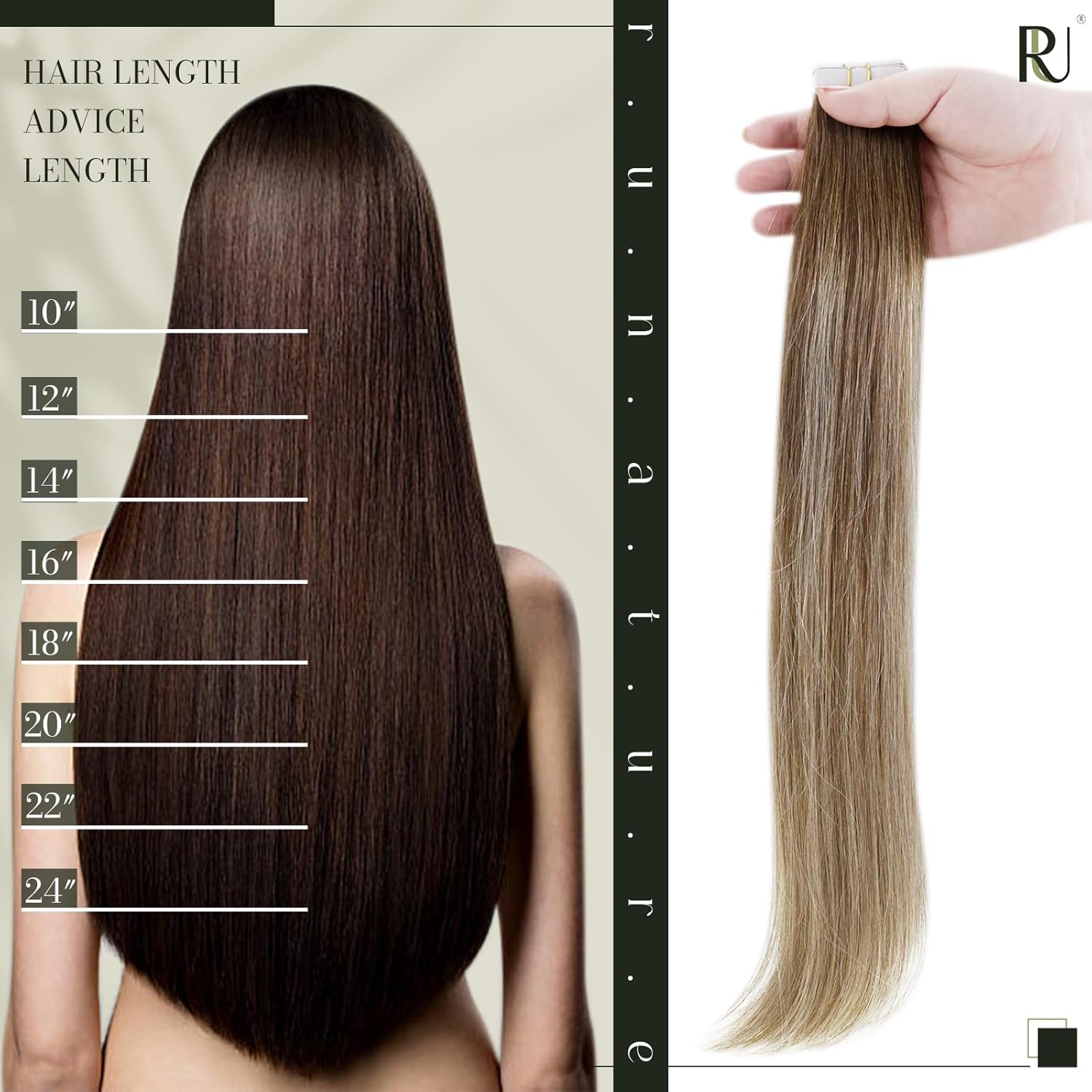 RUNATURE Extensiones de cabello humano Remy con cinta adhesiva, balayage, color marrón nogal degradado a marrón ceniza con rubio claro, extensiones