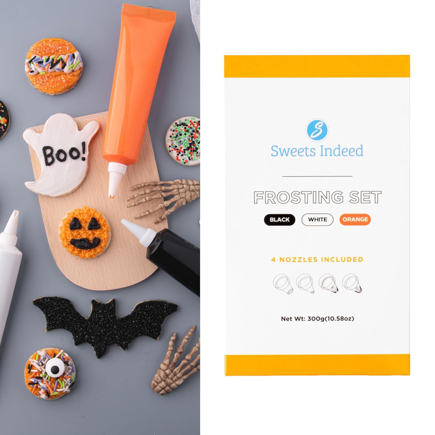 Sweets Indeed – Juego de glaseado de Halloween – Paquete de 3 – tubos de 3.5 onzas – Negro, naranja y blanco – 4 boquillas incluidas – Glaseado de