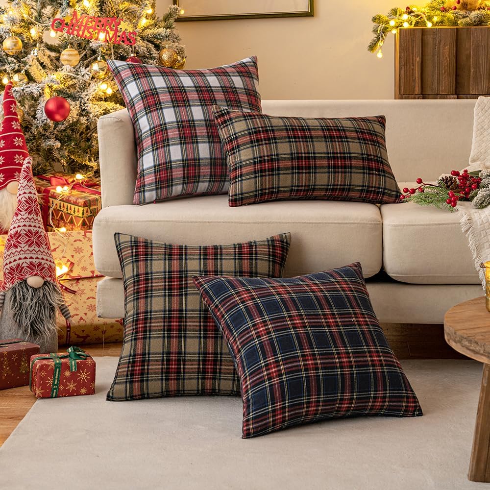 MIULEE Juego de 2 fundas de almohada de cuadros escoceses de Navidad clásicas, decorativas, cuadradas, para decoración de sofá, sofá, 22 x 22