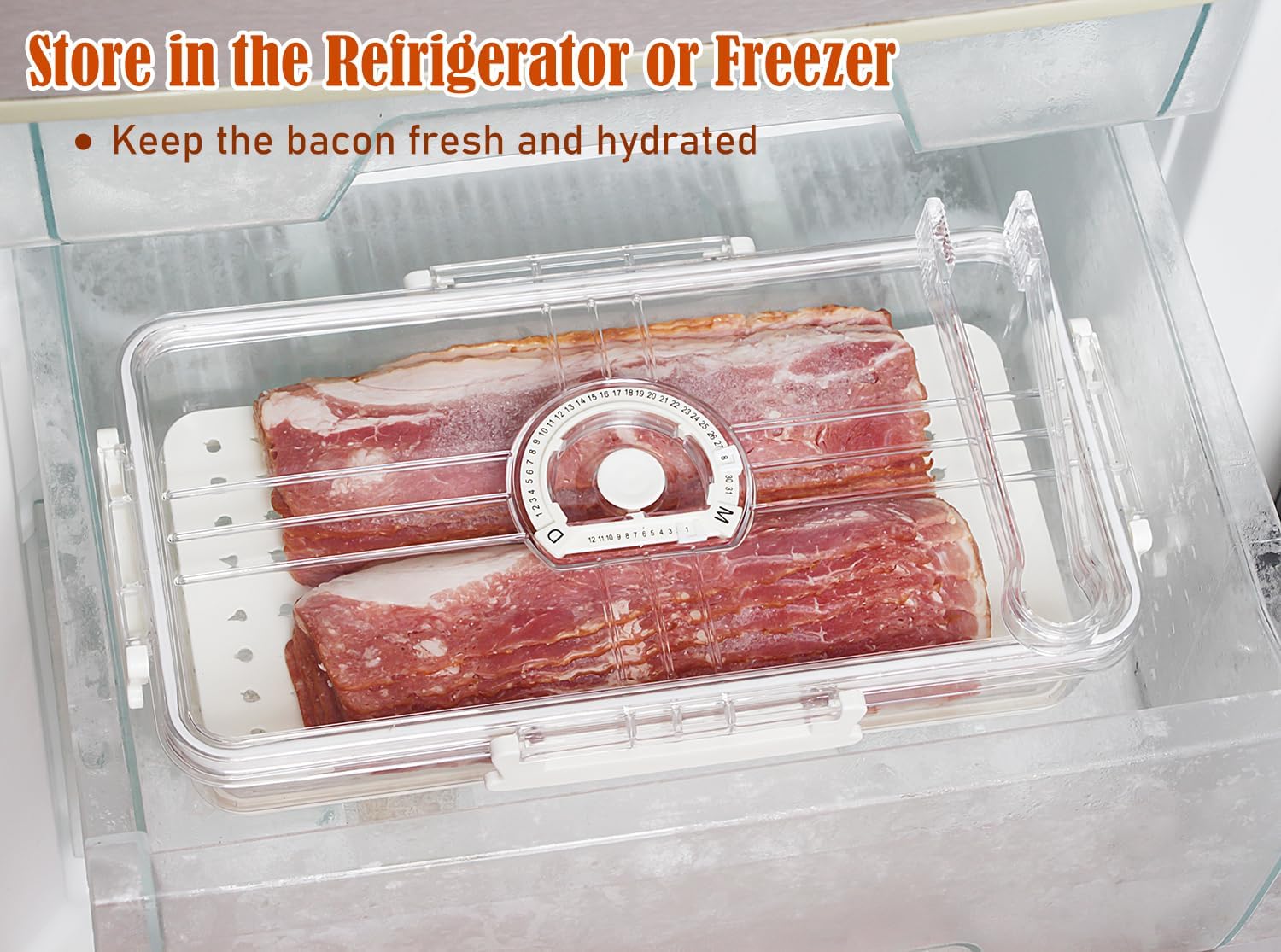 Recipiente de almacenamiento de tocino con tapa hermética sellada al aire para nevera, soporte para tocino, carne y queso, con pinzas para servir