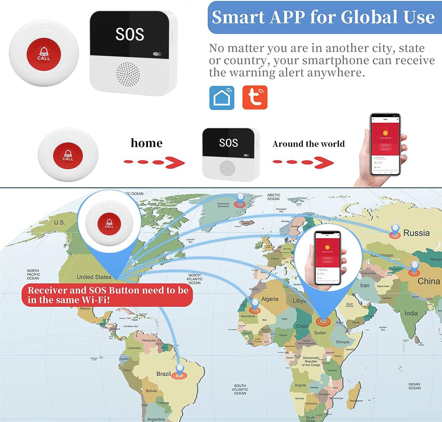 DwyenSlo Sistema de botón de llamada WiFi para cuidador, alerta de aplicación inteligente, botón de llamada de emergencia, alerta de ayuda personal