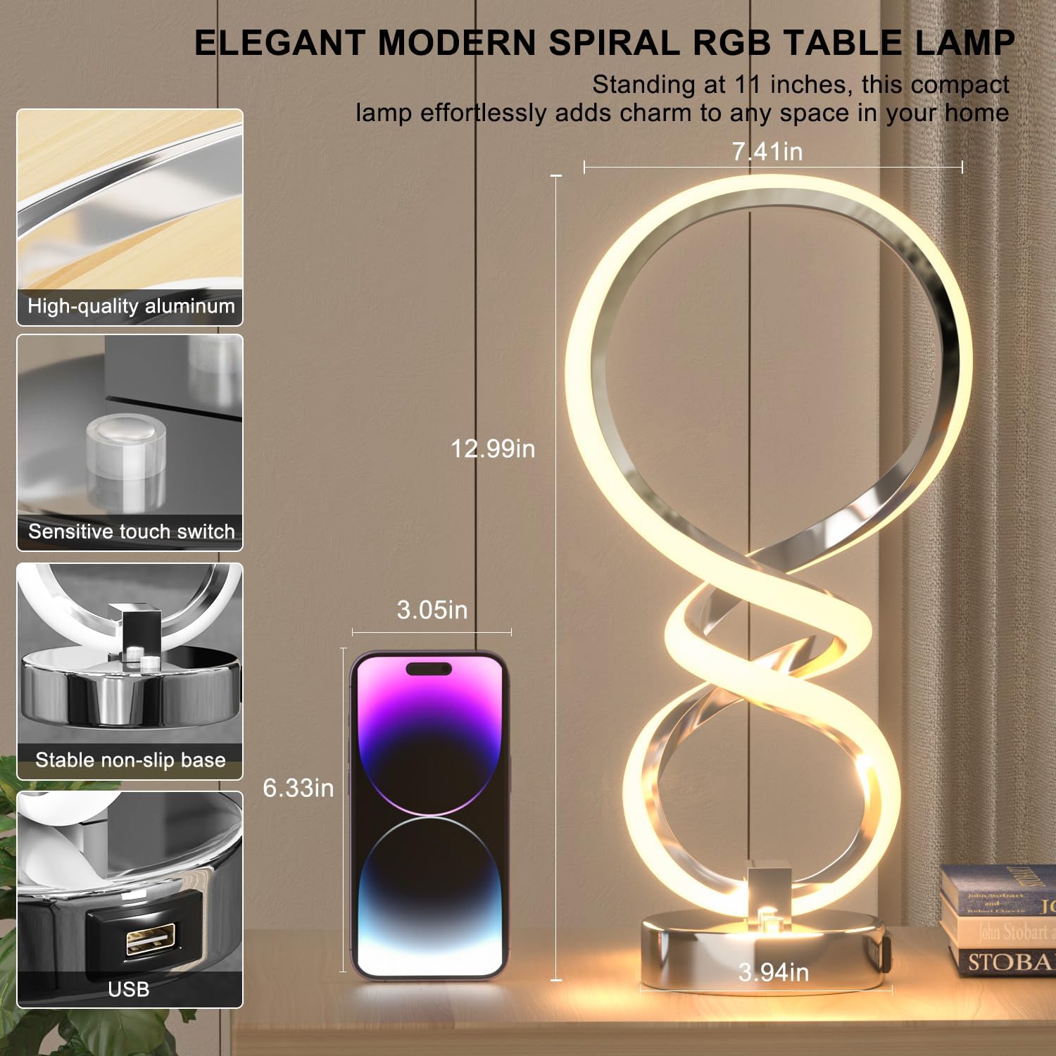 Moderna lámpara de mesa RGB en espiral, 7 colores y 10 modos de luz, lámpara LED regulable táctil con puerto de carga USB, lámparas decorativas