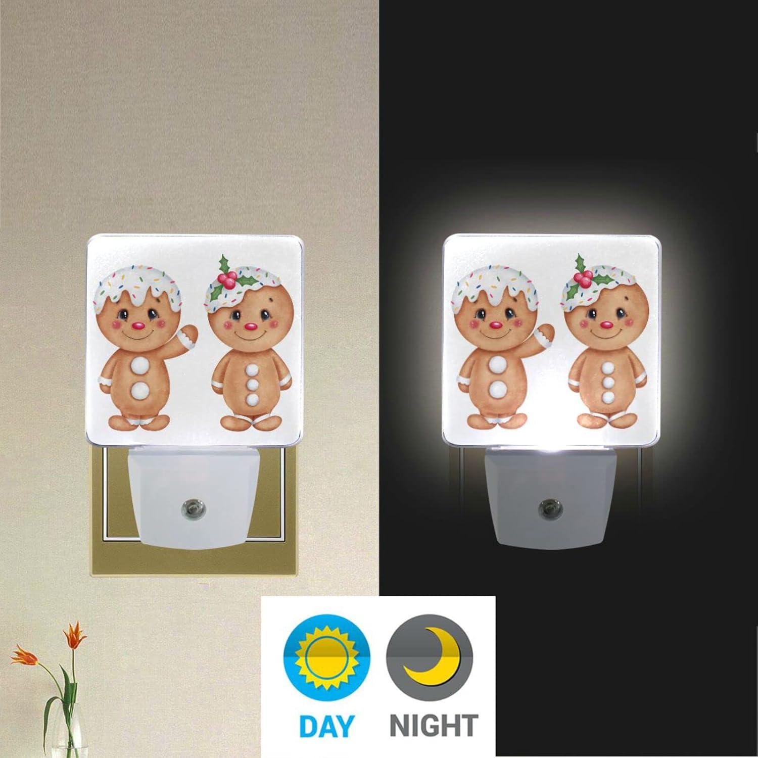 Vdsrup Juego de 2 luces de noche de pan de jengibre de Navidad de dibujos animados, luces nocturnas con enchufe de pared, luz nocturna LED
