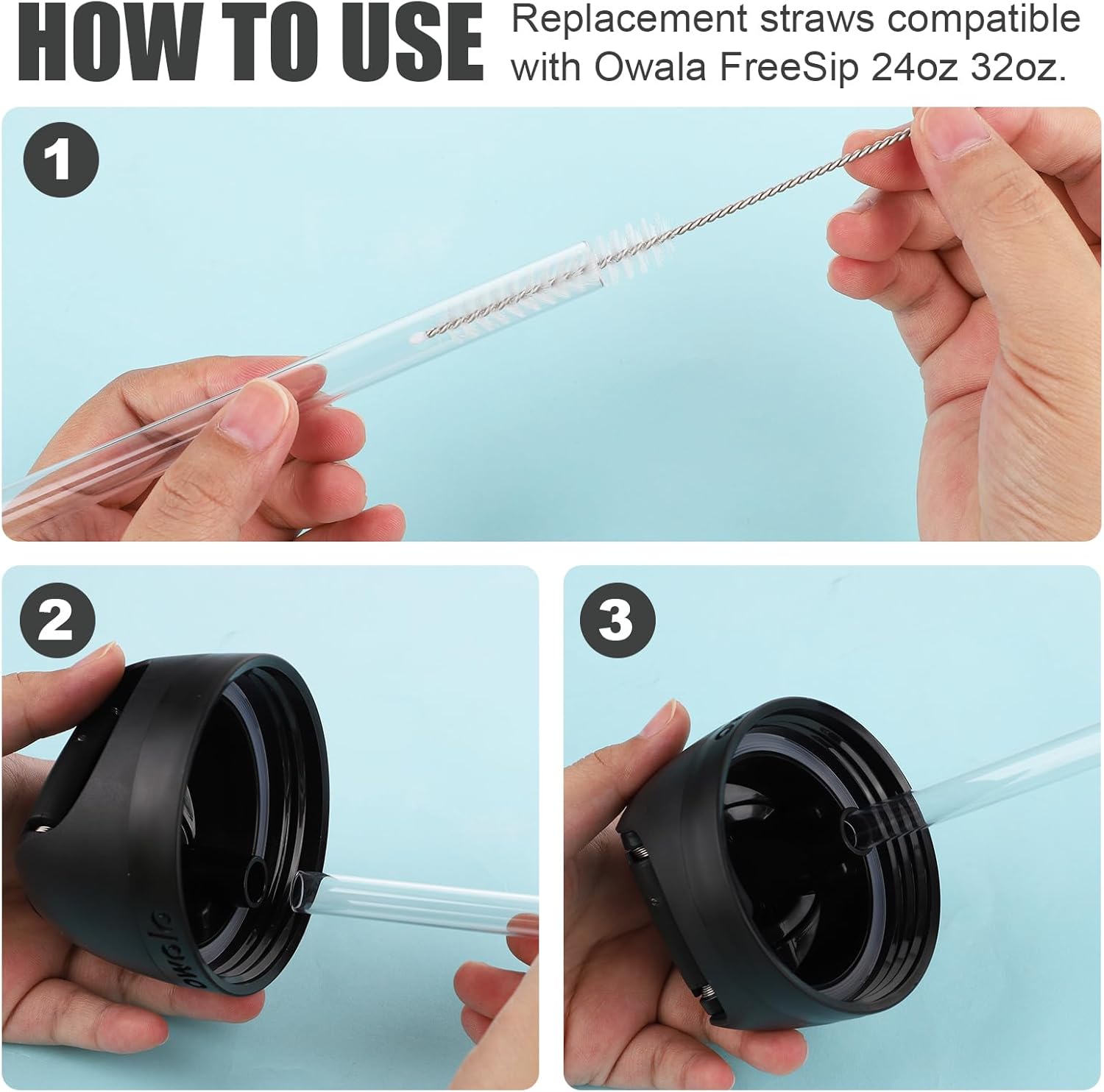 2 tapones de repuesto compatibles con Owala Freesip de 24 onzas, 32 onzas, con 4 popotes de plástico de repuesto reutilizables, 1 cepillo de