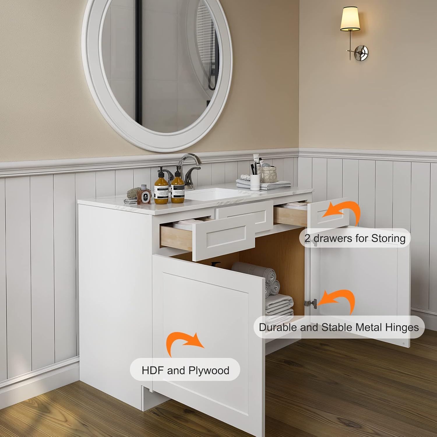 LOVMOR VSD36 – Armario de 36 pulgadas con puertas de cierre suave y 2 cajones de almacenamiento, madera contrachapada, de pie único, para lavadero,