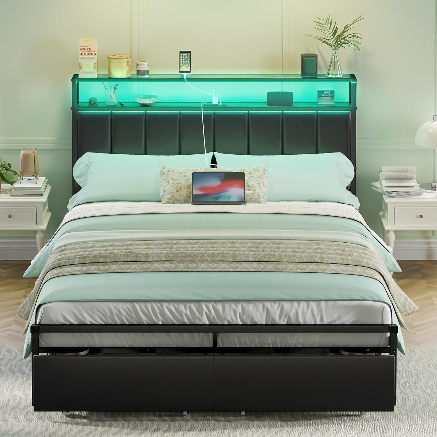 AMERLIFE Base de cama LED con cajones, marco de cama de plataforma completa con almacenamiento de 2 niveles y cabecera tapizada de cuero y estación