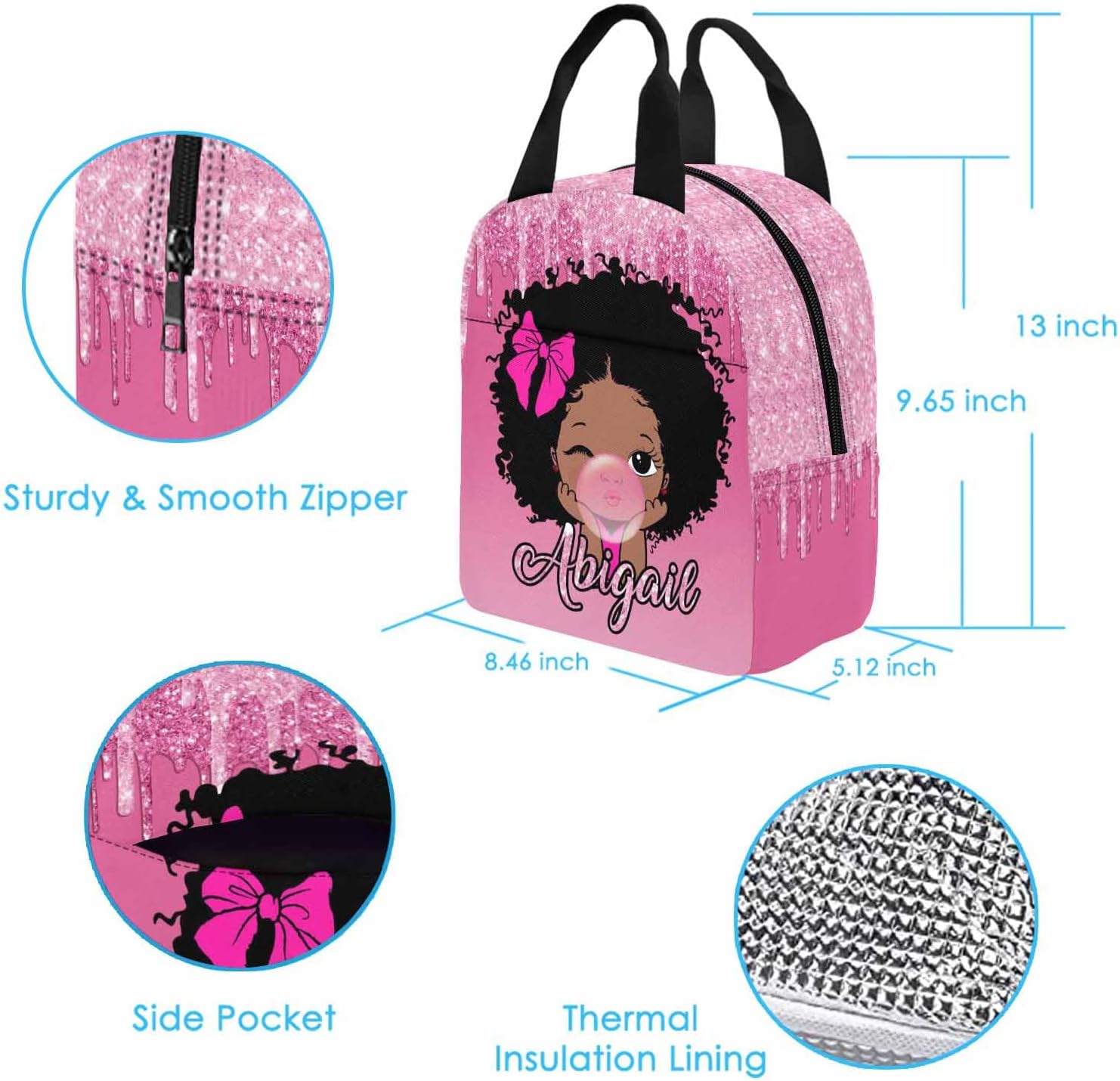 Lonchera con nombre personalizado para niños, color rosa degradado con patrón brillante, bolsa de almuerzo aislada reutilizable, bolsa de almuerzo