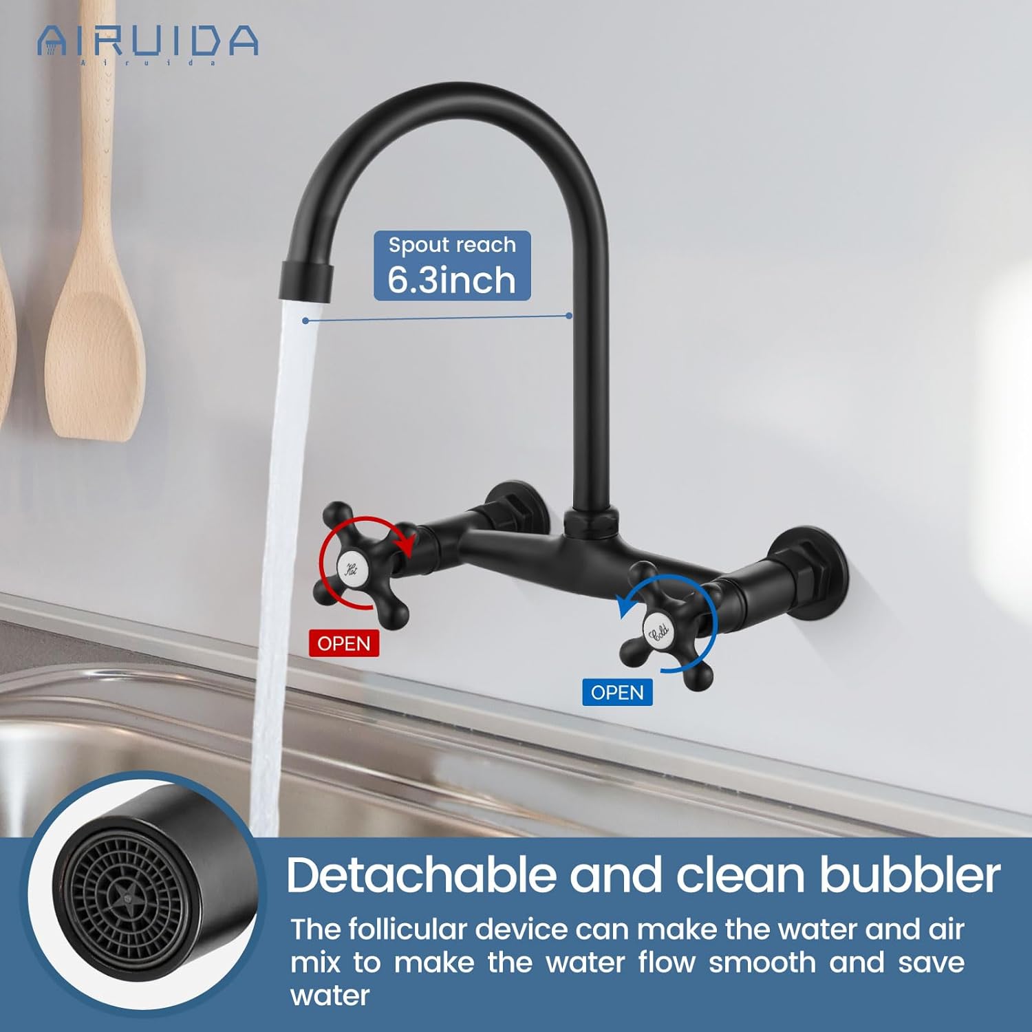 Airuida Grifo de latón negro mate de montaje en pared con doble mango y adaptador ajustable
