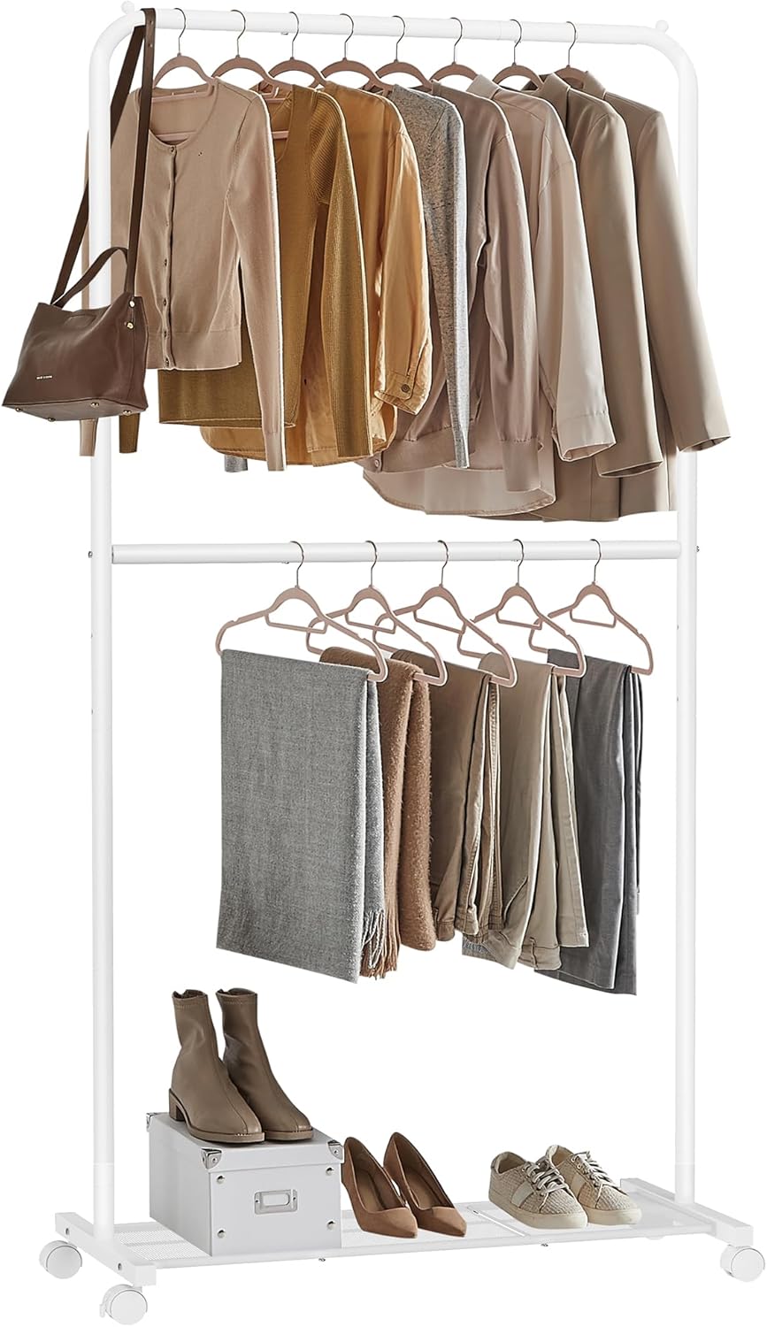 SONGMICS Perchero con ruedas, 35.8 pulgadas de doble barra, perchero para colgar ropa, con estante de almacenamiento de malla densa, capacidad de