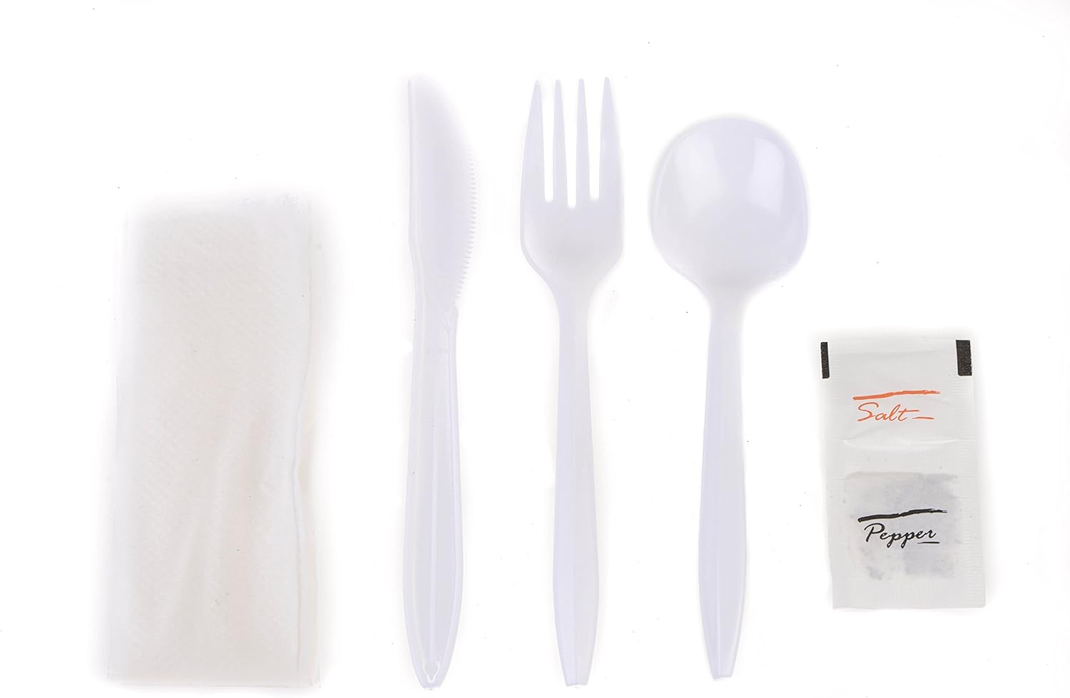 EcoQuality Kit de cubiertos envueltos 6 en 1  TenedorCucharaCuchilloServilletaSalPimienta  Kit de cubiertos desechables, perfecto para el almuerzo,