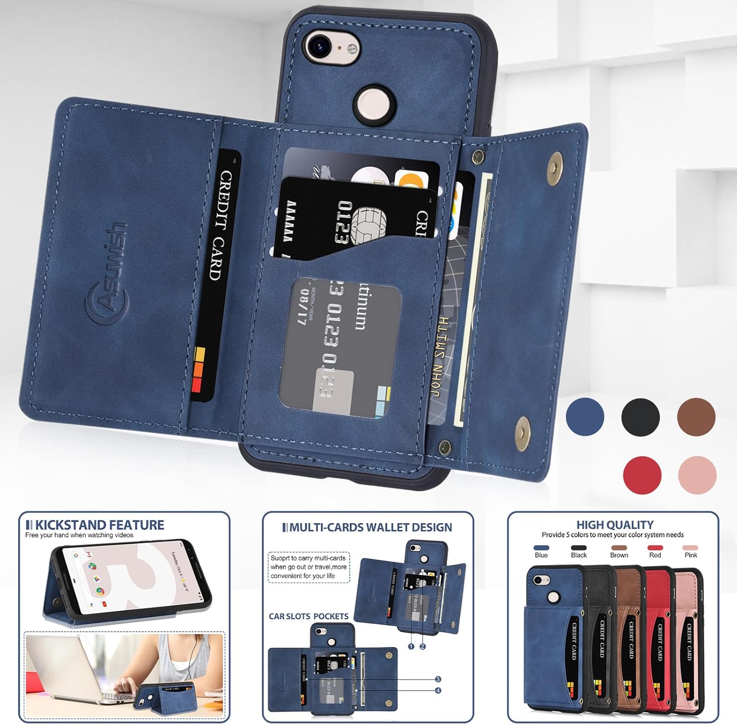 Asuwish Funda de teléfono para Google Pixel 3 XL con protector de pantalla de vidrio templado y soporte de tarjeta de crédito de piel sintética,