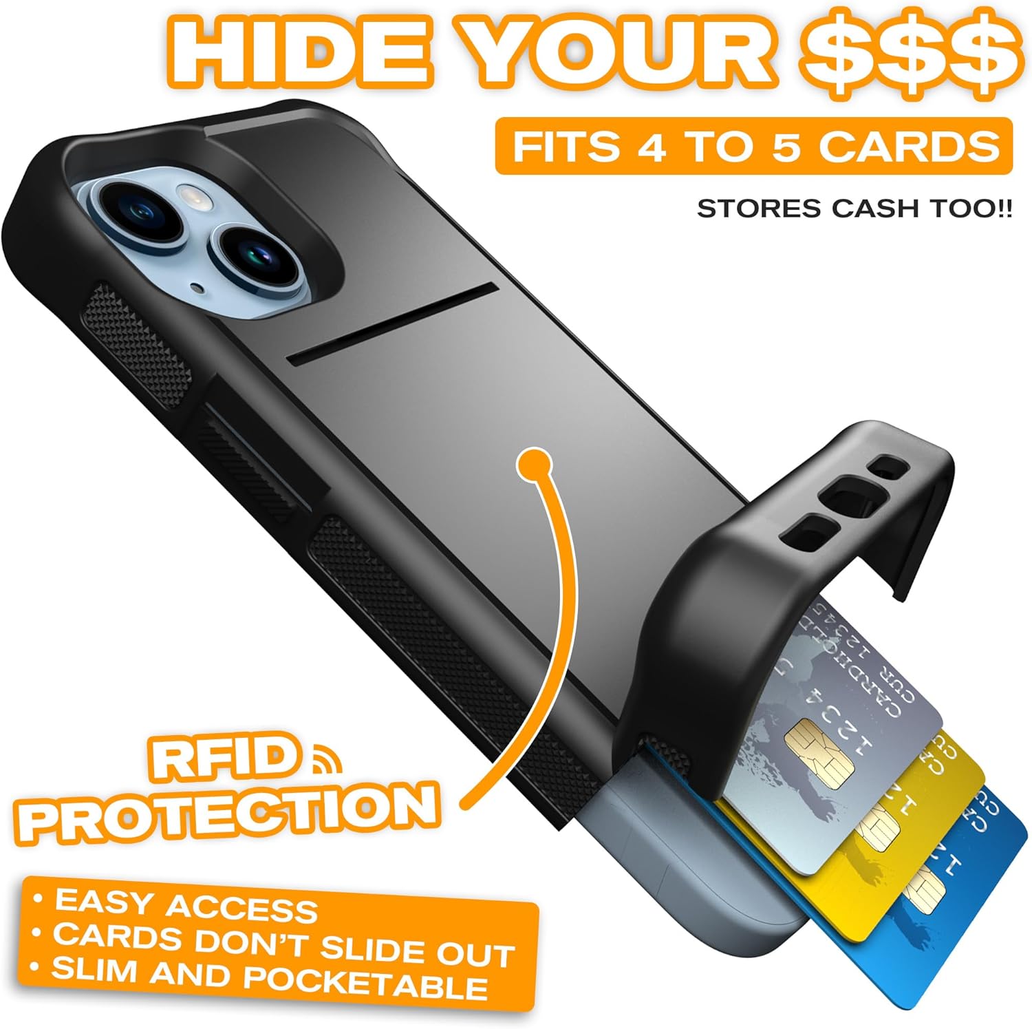 Scooch Wingmate – Funda para iPhone 15 con tarjetero y ranura oculta para tarjetas y protección RFID, capacidad para hasta 4 tarjetas, protección