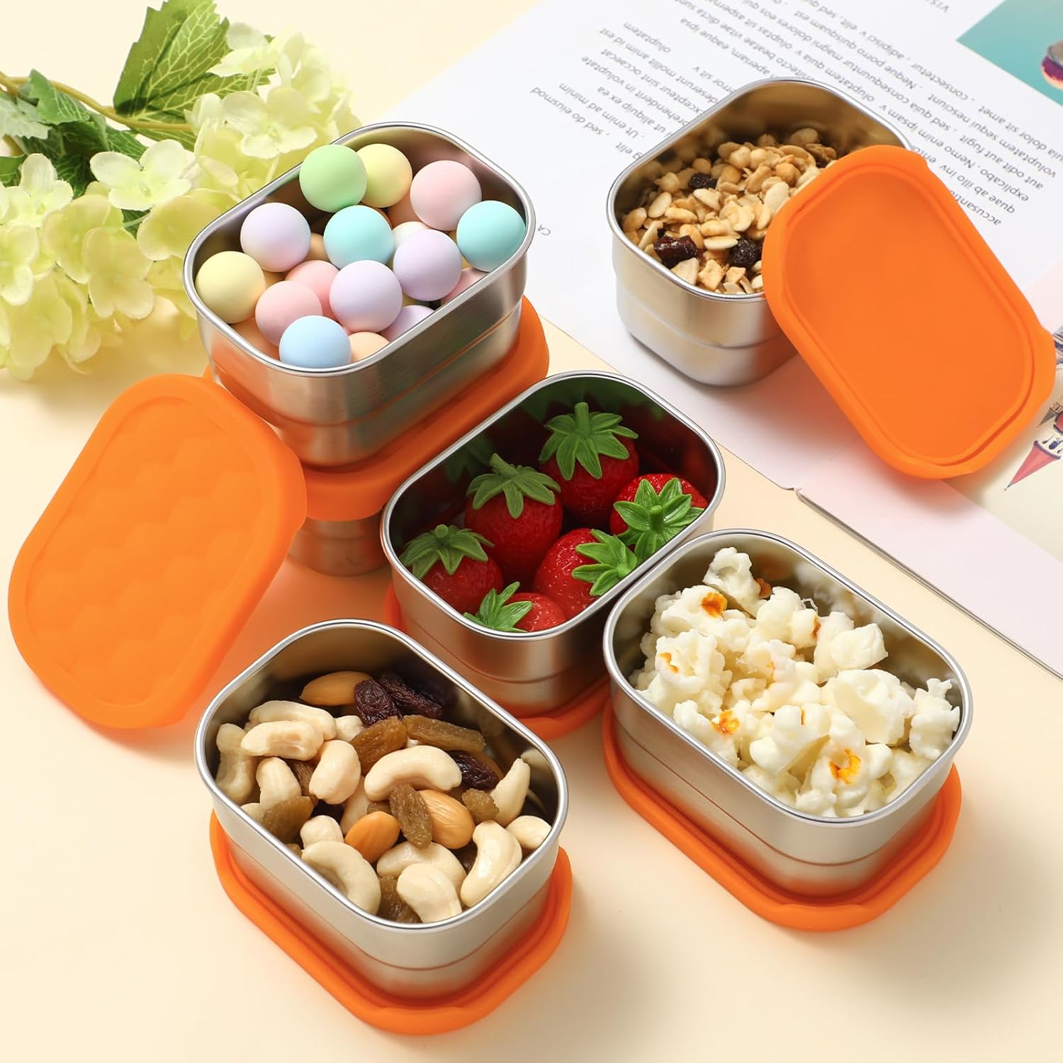 6 recipientes de acero inoxidable para niños, recipientes de alimentos de 8 onzas con tapas de silicona, lonchera de metal portátil reutilizable