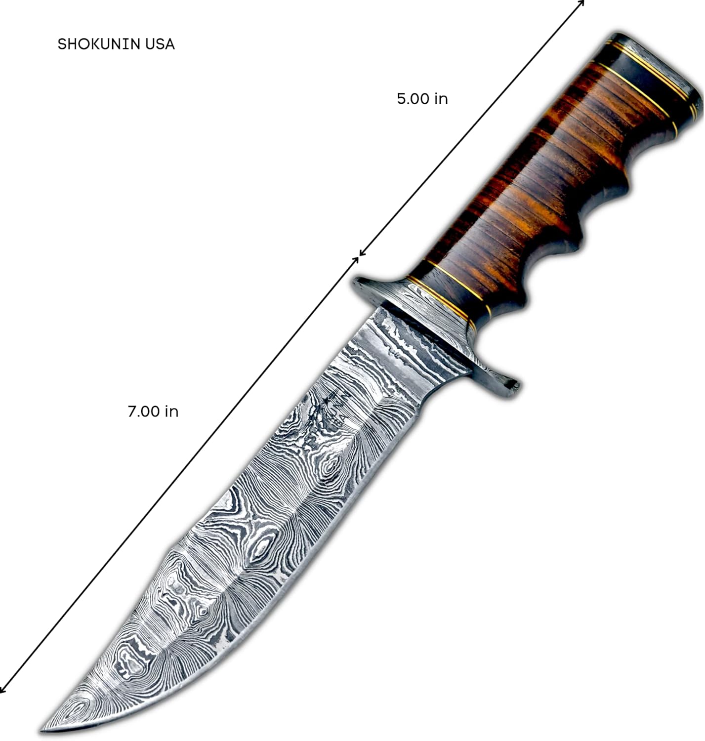 Cuchillo de caza de Damasco, cuchillo Bowie con mango de cuero apilado y funda de 12 pulgadas