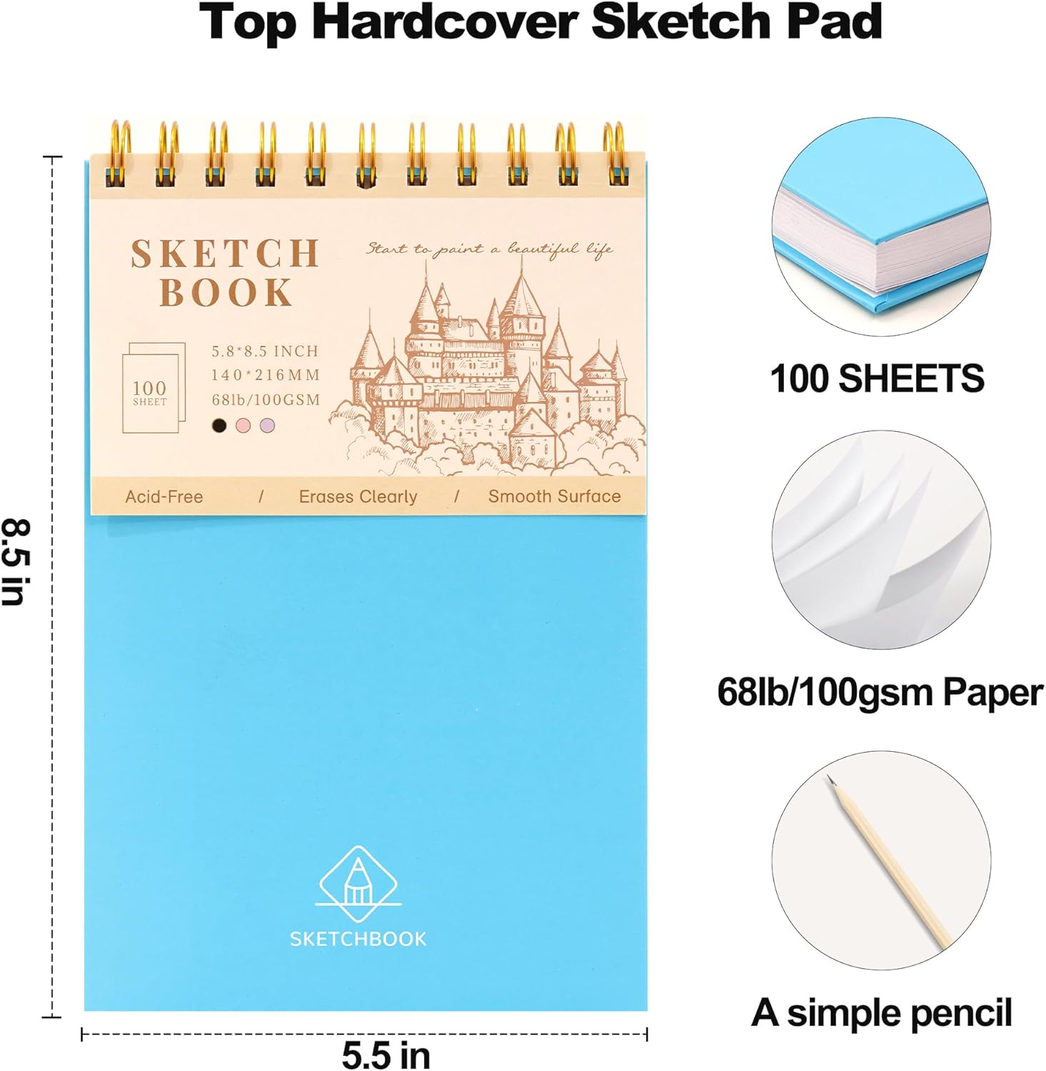 Cuaderno de bocetos para dibujo, encuadernado en espiral, para niños, 5.5 x 8.5 pulgadas, tapa dura, libro de bocetos (68 libras3.53 ozm), cuaderno