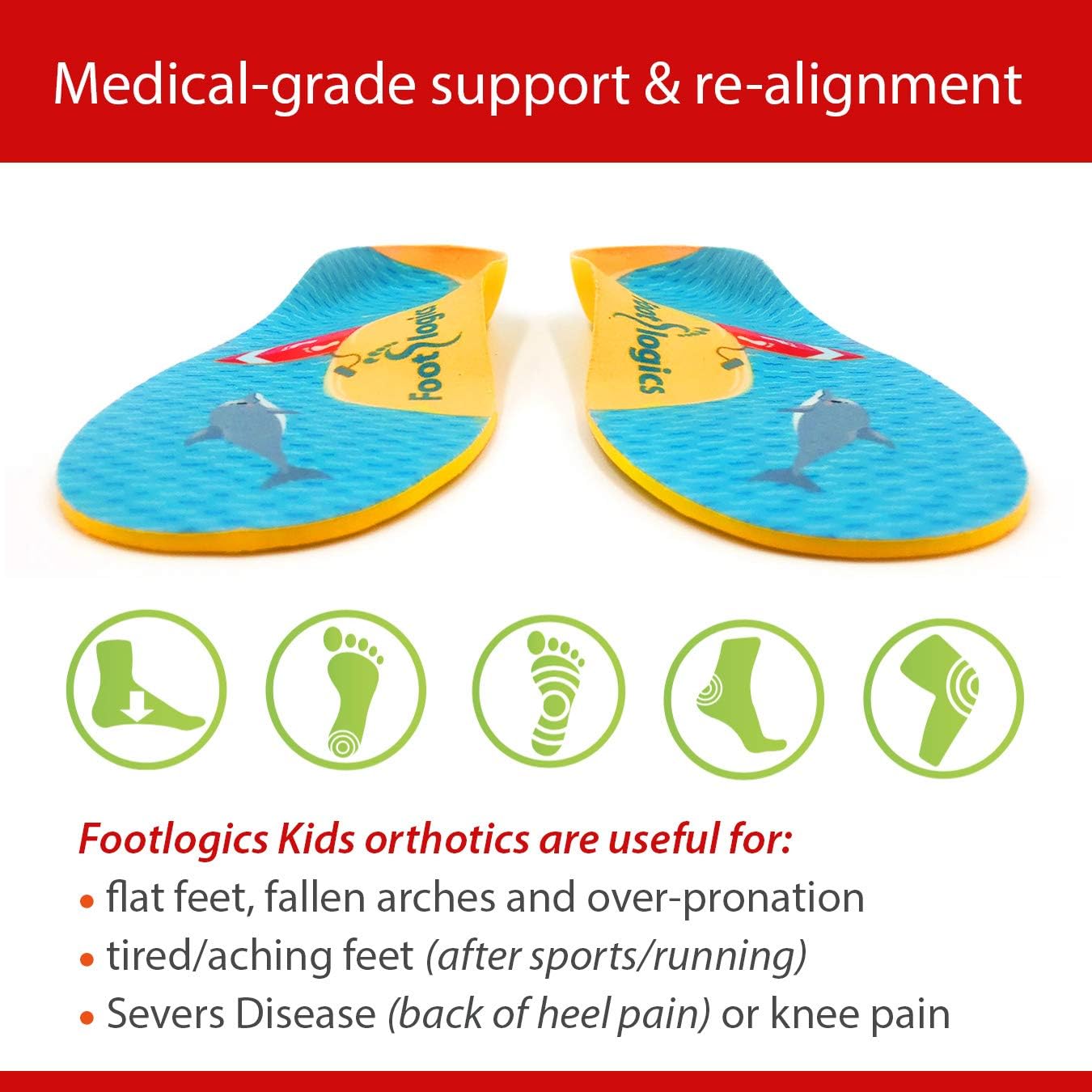 Footlogics Fun Kids – Plantillas ortopédicas para zapatos con soporte de arco para el dolor de talón de los niños (enfermedad de Sever), dolores de