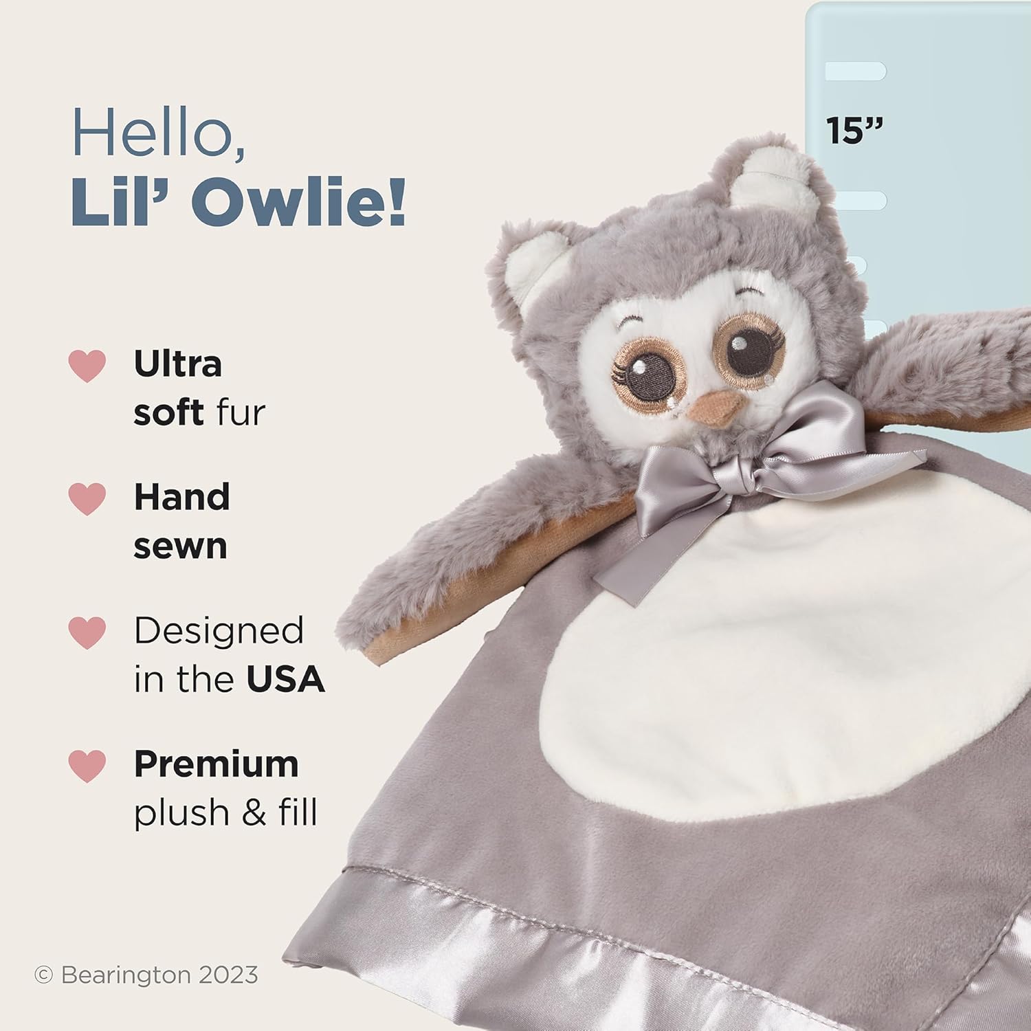 Bearington Baby Lil’ Owlie Snuggler, manta de seguridad de peluche de búho gris de 15 pulgadas para bebés