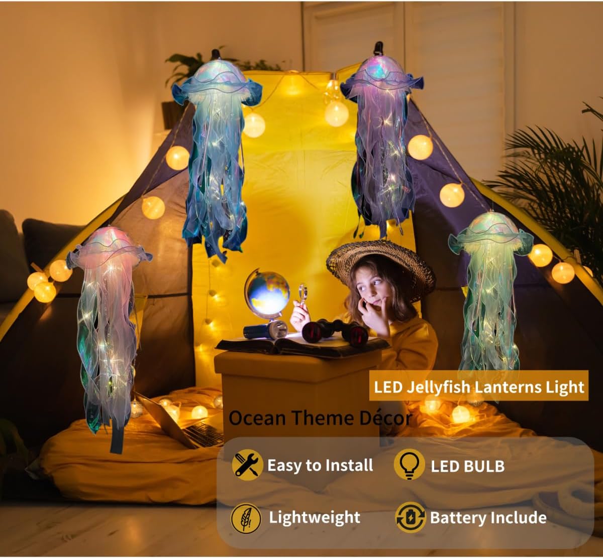 Lámpara LED de gelatina, decoración de farol LED, decoración temática oceánica prémium para niñas y niños, regalo para cumpleaños, Navidad,