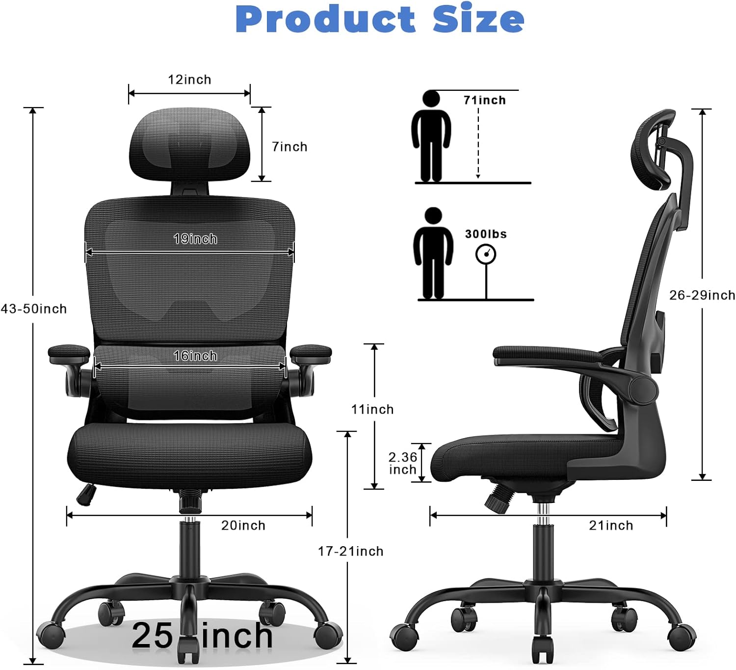 naspaluro Silla de oficina ergonómica, silla de computadora con respaldo alto y soporte lumbar elástico adaptativo, altura ajustable, reposacabezas