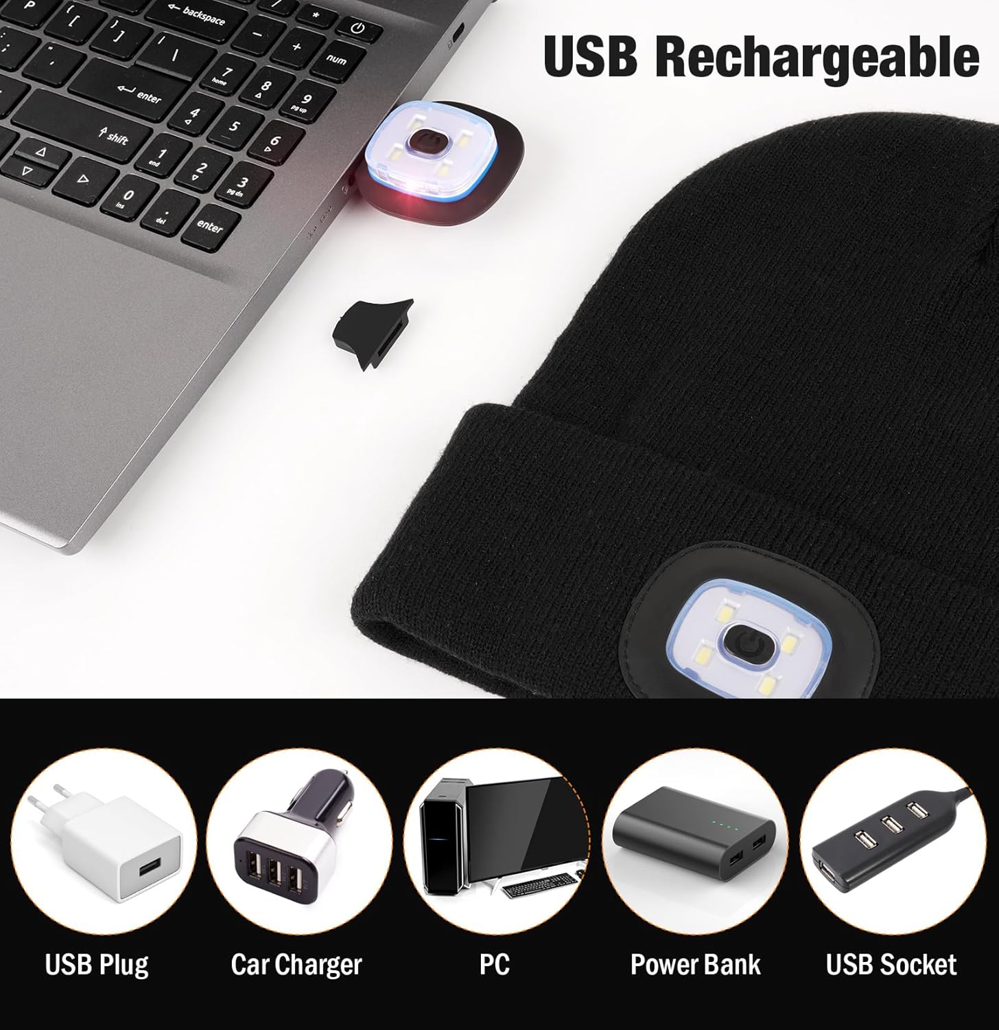 Hatlight Regalos de Navidad para hombres Unisex LED Beanie con dos lámparas manos libres Kint faro sombrero con luz (negro)