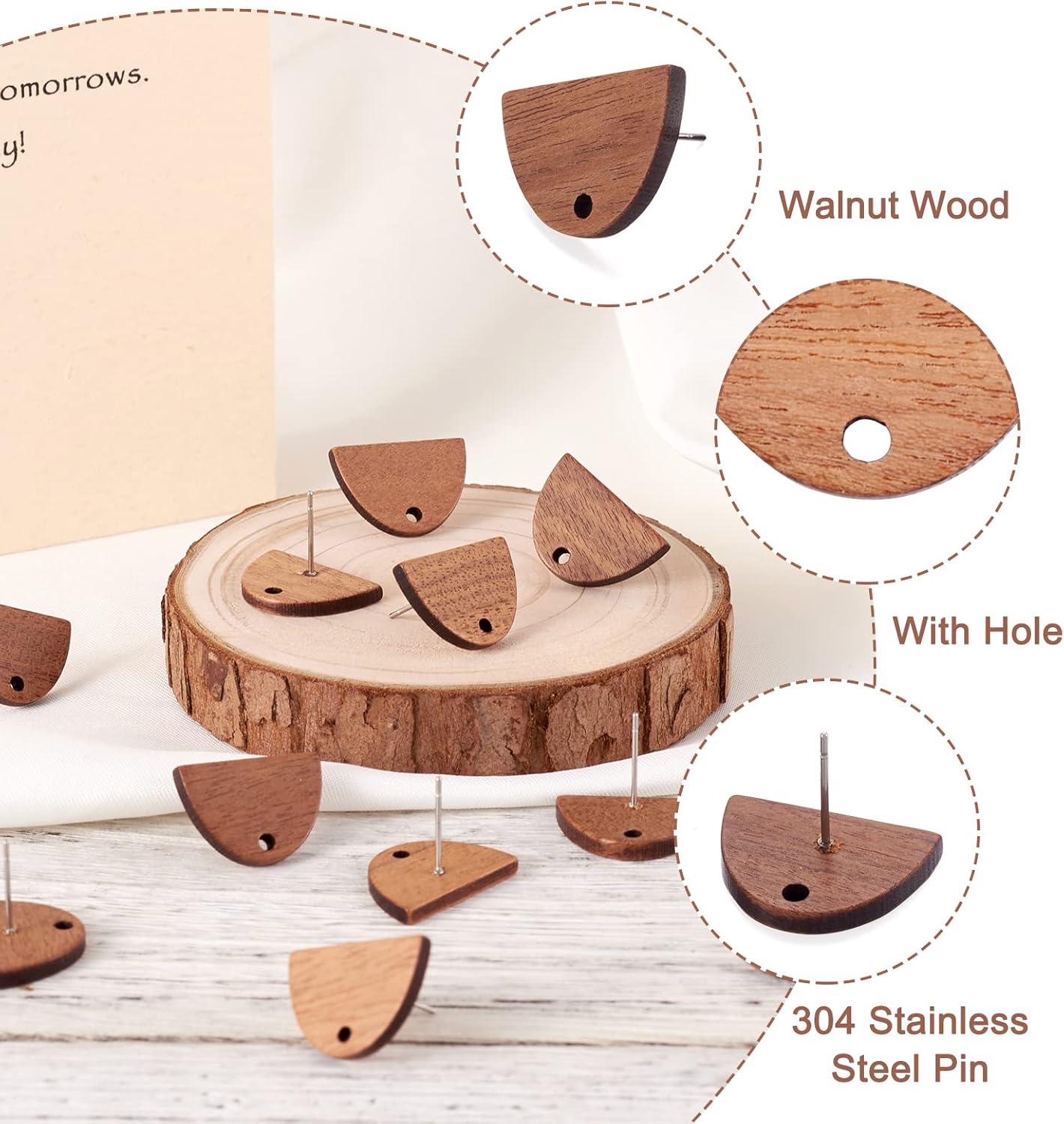 Pandahall – 20 pares de aretes de madera de nogal semicircular de 0.492 x 0.709 in de color marrón coco con pasador de acero inoxidable 316 para