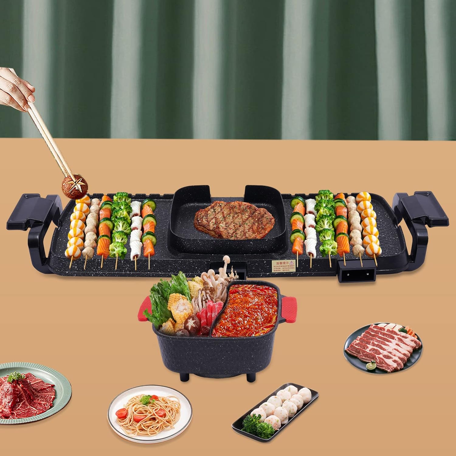 2 In 1 Electric Hot Pot BBQ Grill,Indoor Hot Pot with Grill,Smokeless Grill,Non-Stick Detachable BBQ for Indoor Outdoor Party,110V