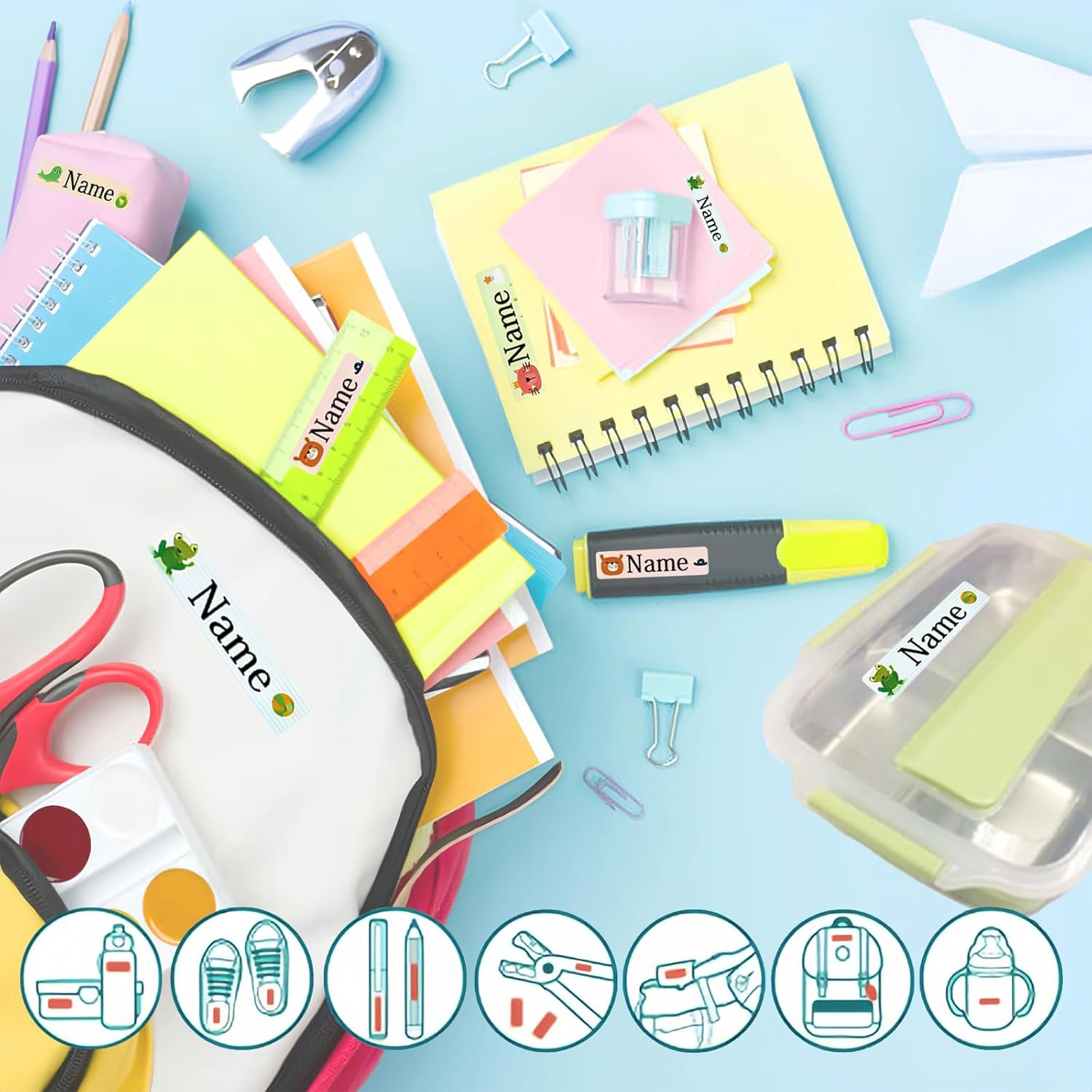 Etiquetas de nombre para suministros escolares, 100 unidades, calcomanías personalizadas con nombre de guardería, impermeables, para ropa, botellas