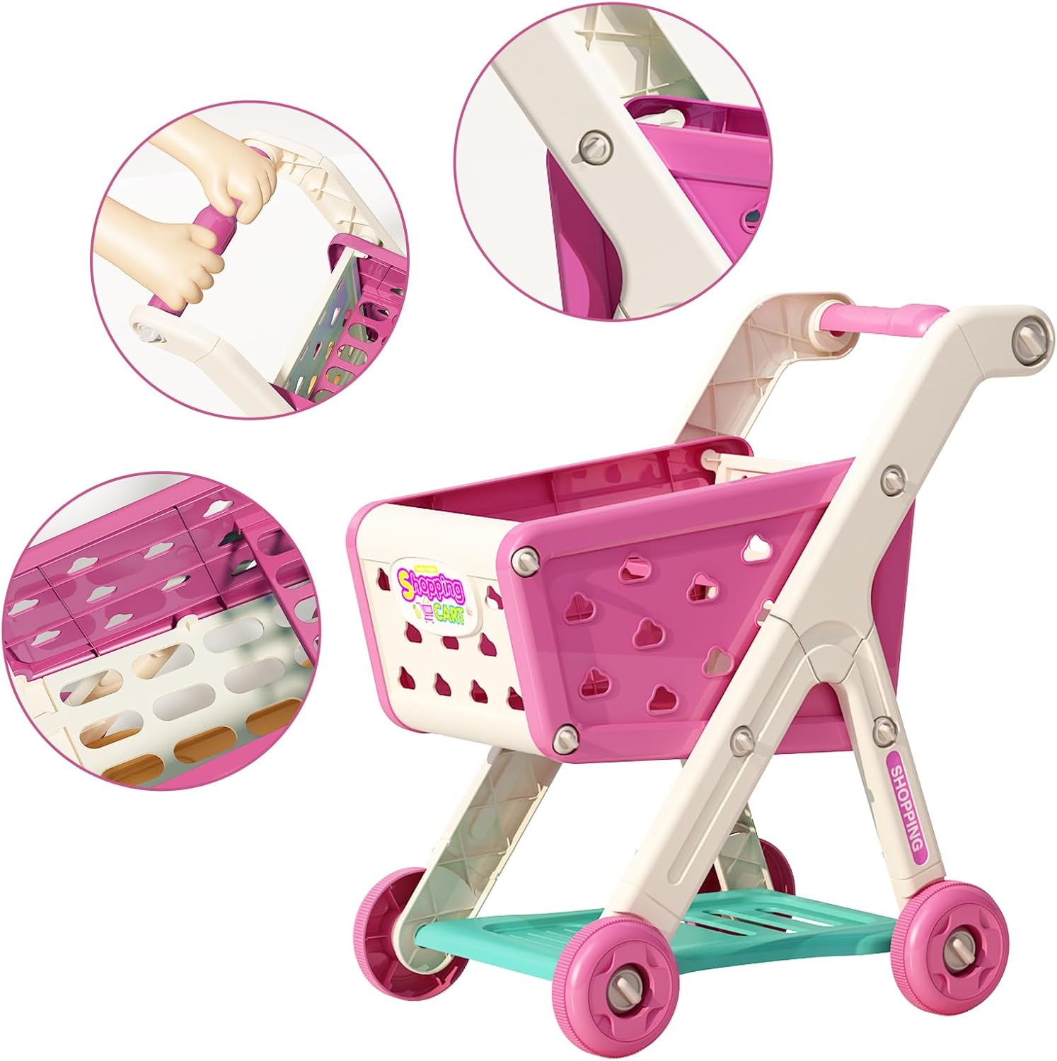 Juego de carrito de compras para niños de 98 piezas con comida de simulación y accesorios, perfecto para juegos de simulación y juegos de rol (rojo