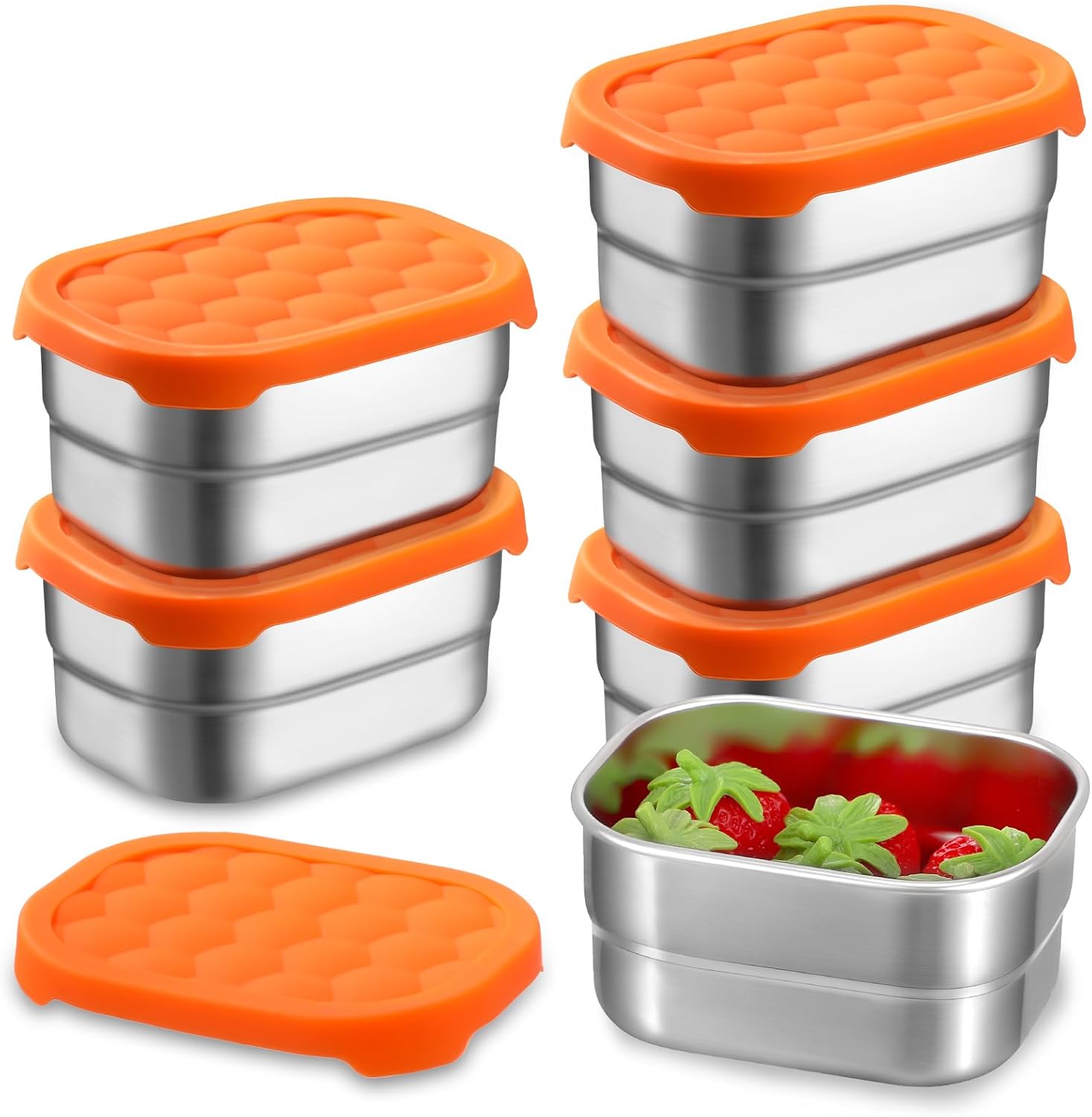 6 recipientes de acero inoxidable para niños, recipientes de alimentos de 8 onzas con tapas de silicona, lonchera de metal portátil reutilizable