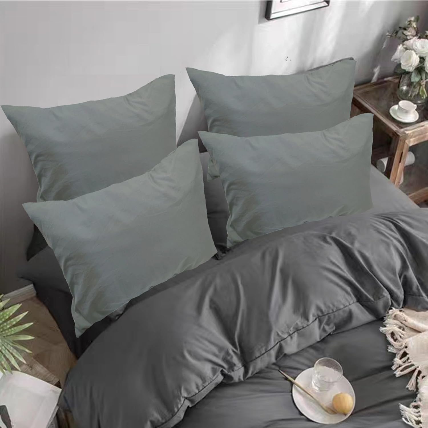 Paquete de 4 fundas de almohada prémium tamaño Queen, color gris estándar, microfibra ultrasuave de 1800 hilos, doble cepillado, sin alergias, funda