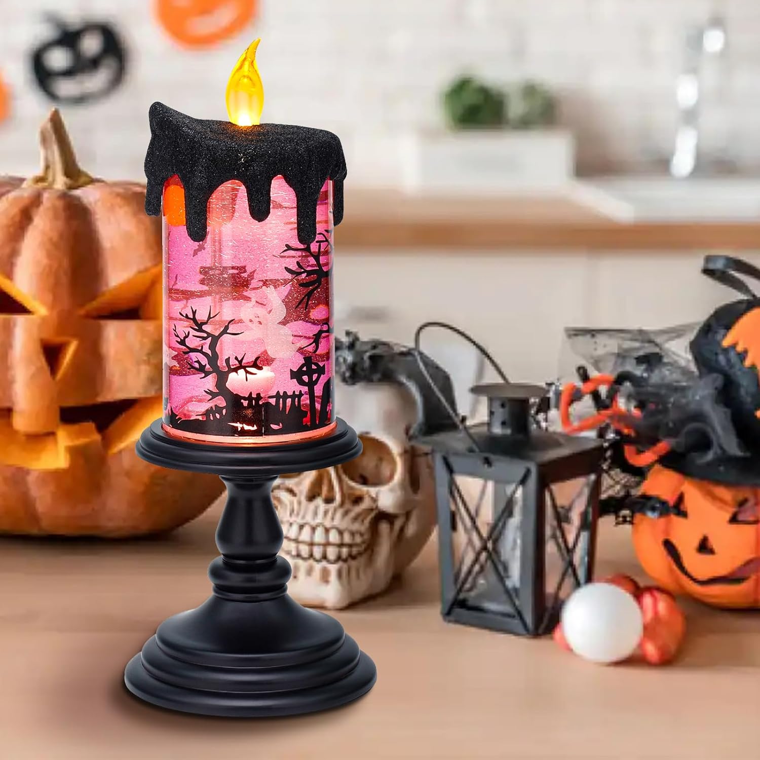 Lámpara iluminada de globo de nieve de Halloween, velas sin llama iluminadas con remolinos de purpurina de agua y movimiento espeluznante, funciona