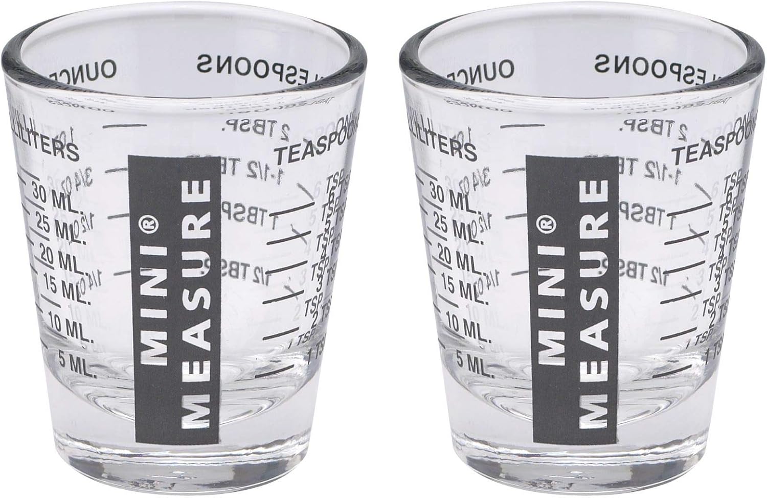 Kolder Mini medida de vidrio pesado, 20 medidas incrementales, vaso de chupito de medición líquido y seco, negro, juego de 2