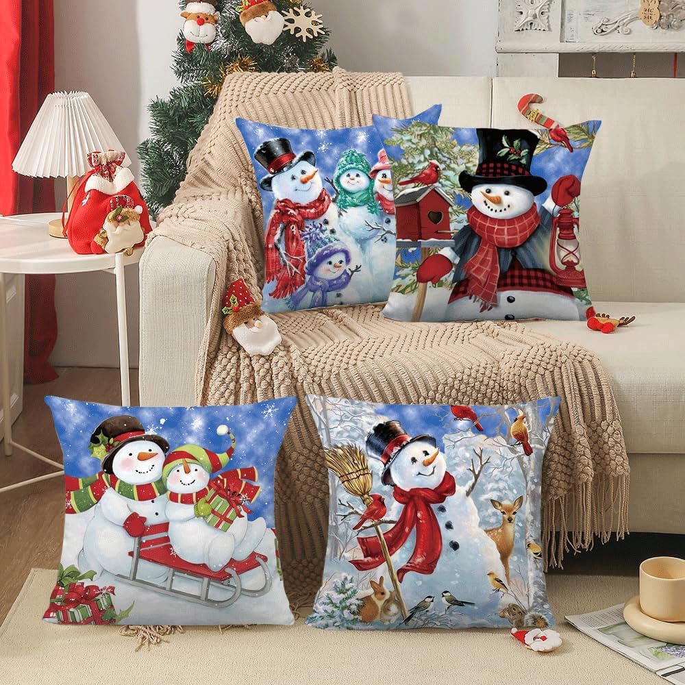 Juego de 4 fundas de almohada de muñeco de nieve de Navidad de 18 x 18 pulgadas, fundas de almohada de terciopelo suave para sala de estar,
