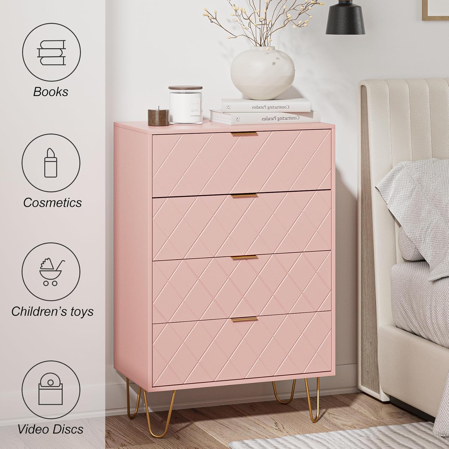 Cómoda de 4 cajones, cajón, armario de almacenamiento alto con patas de metal, cómoda pequeña para dormitorio, sala de estar, armario, pasillo,