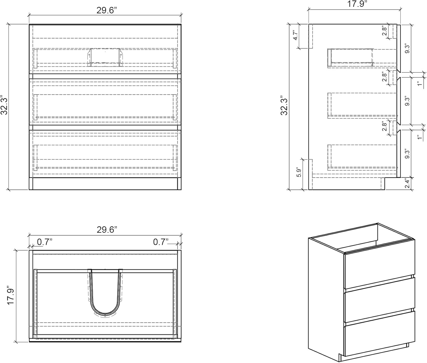 Alice – Tocador de baño de 30 pulgadas con fregadero con desbordamiento, gran almacenamiento pequeño para baño moderno, lavabo de una sola pieza,