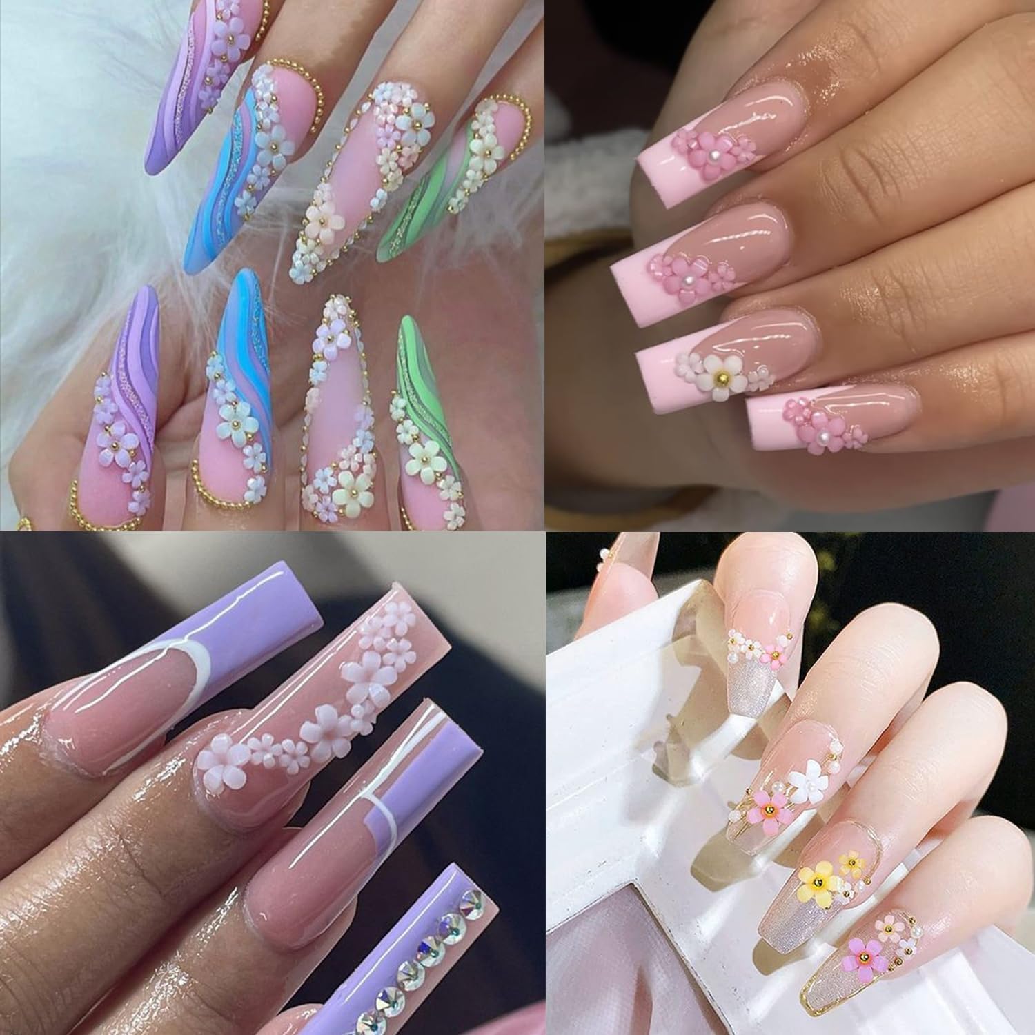 12 colores 3D de flores para arte de uñas, suministros de arte de uñas, mezcla de perlas doradas y plateadas para uñas acrílicas, diamantes de