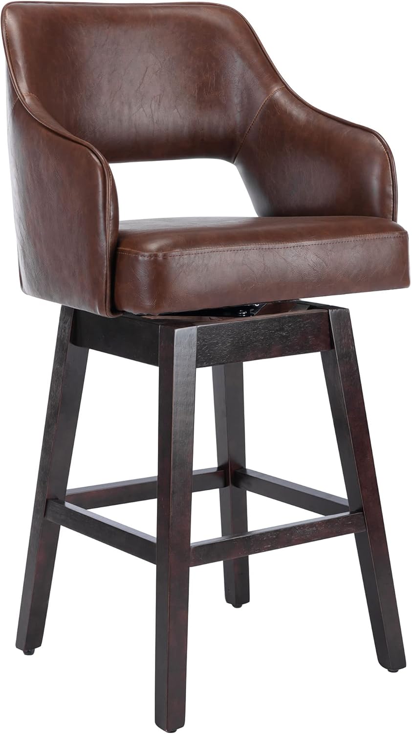 DM Furniture Juego de 2 taburetes de bar de 28 pulgadas de altura de mostrador, de piel sintética, giratorios de 360, con respaldo y patas de