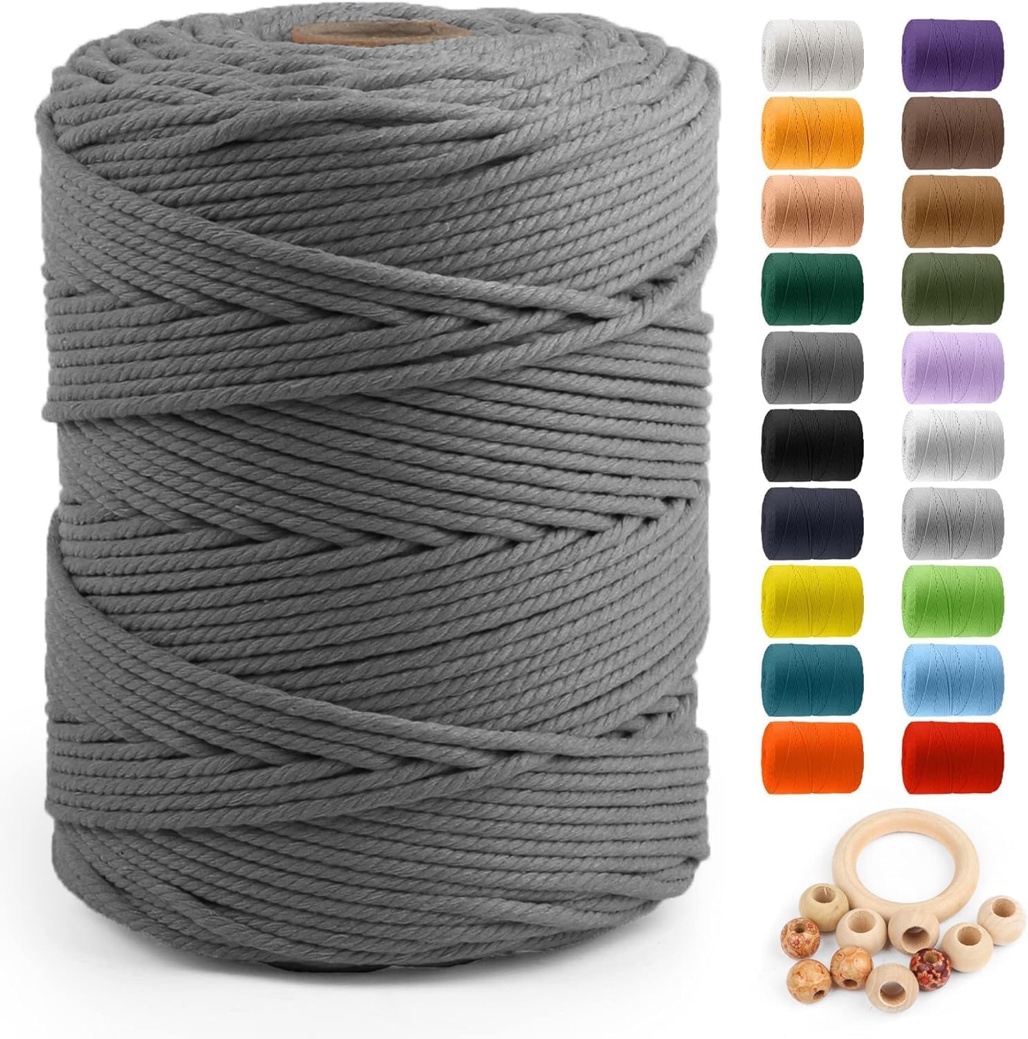 ZUEXT – Cordón de algodón de macramé de 0.197 in x 328 yardas, cuerda trenzada natural hecha a mano gris claro, 4 hebras de cuerda de punto para