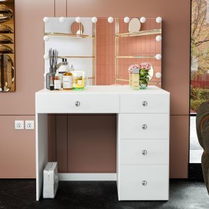 Boahaus Saranya – Moderno escritorio de maquillaje con cajones y bombillas Hollywood complementario, blanco, perillas de cristal, pequeño escritorio Boahaus Saranya – Moderno escritorio de maquillaje con cajones y bombillas Hollywood complementario, blanco, perillas de cristal, pequeño escritorio