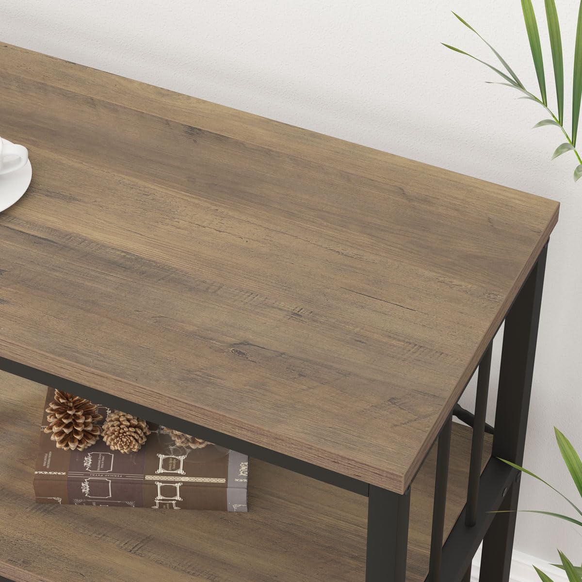 IBF Estantería industrial de 3 niveles, estantería rústica de madera baja y metal, estantería horizontal abierta larga de ancho, moderno y grande